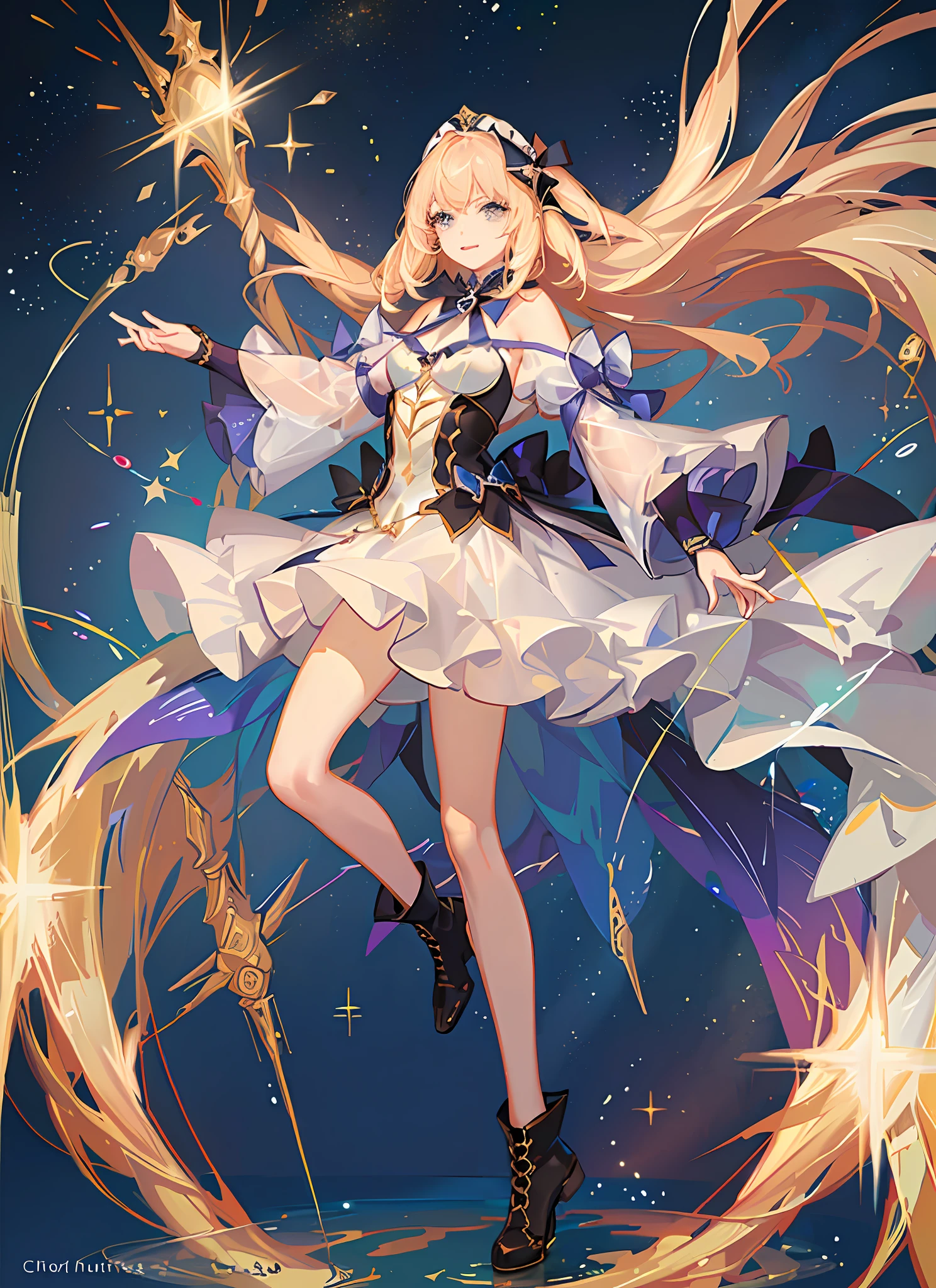 (Magical Girl)), ((Gorgeous Starry Background)), ((Ultra Detailed)), ((Best Illustration)), ((Movie Lighting)), Dynamic Angle, Floating, Fine, (Flash: 1.2), (Shine: 1.2), (Shine: 1.2), Classic, (Drawing: 1.1), (Sketch: 1.1), (Best Quality), (Illustration: 1.2), (Anime Style), (Solo), Beautiful Detailed Face, (Cute Face: 1.3), (Big Eyes)), Colored hair, (long hair: 1.2), (flowing hair: 1.2), (magical girl costume), detail, (sparkling wand: 1.3), (magic effect: 1.3), (flowing dress: 1.2), (cute boots: 1.1), (transparent fabric: 1.1), (flickering: 1.2), (glow: 1.2), (sparkle: 1.2), (sparkle: 1.2), (sparkle: 1.2), (shimmer: 1.2)