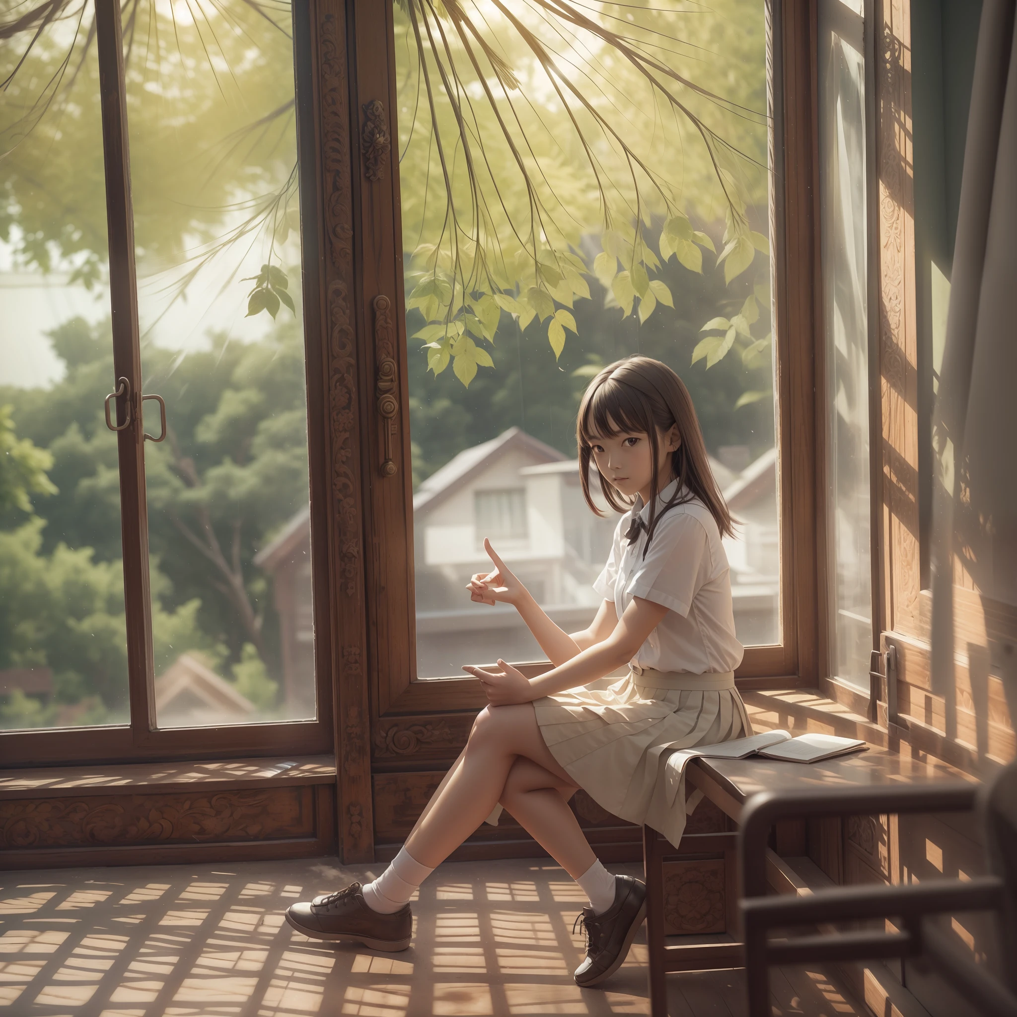 teacher, short skirt girl, window, sunlight coming in, pure, lots of details, high quality, 8k, --auto --s2