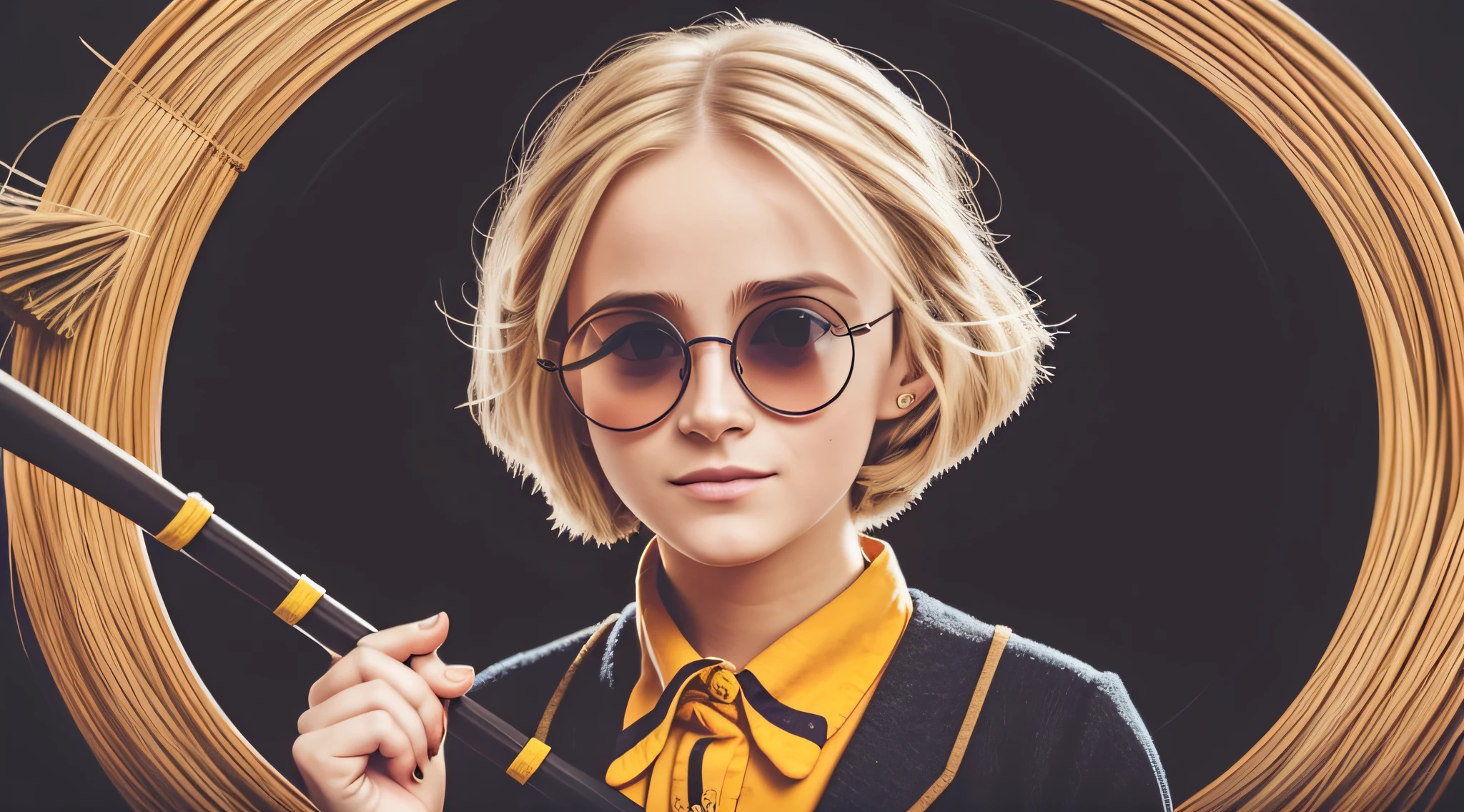 blond girl with sunglasses holding a broom and a broomstick, broomstick, girl wearing round glasses, wearing big black circle glasses, round glasses potter, girl with glasses, sweeping wild blonde hair, with sunglass, round black glasses, wearing round glasses, circular glasses, round goggles, funny sunglasses, hair over her eyes, photoshoot, she wears harry potter glasses --auto --s2