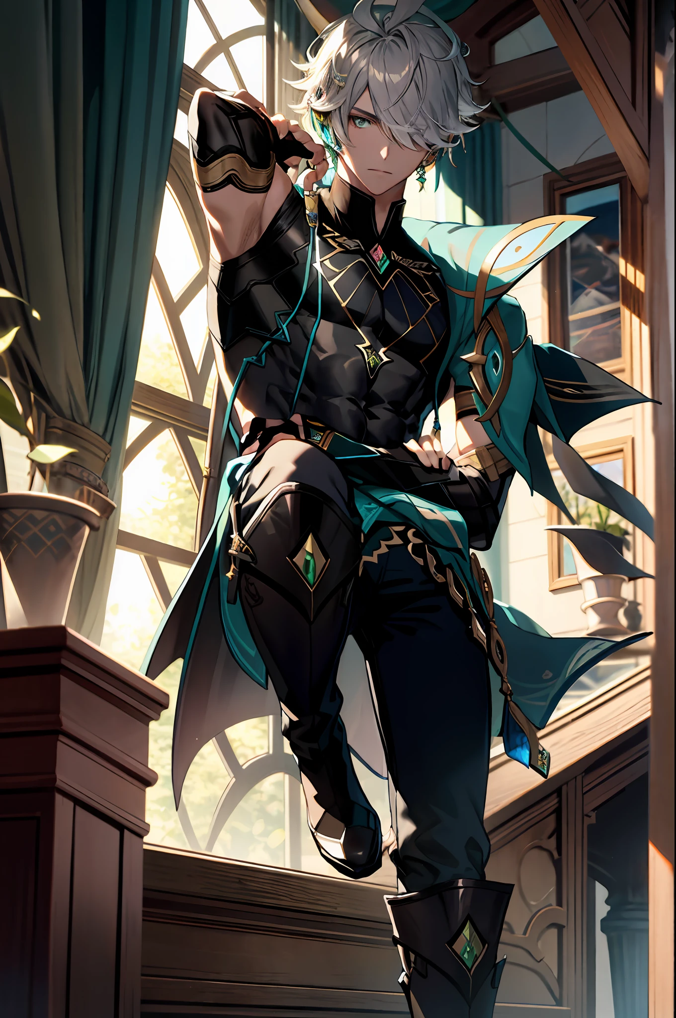 masterpiece, best quality,alhaitham\(genshin impact\), 1boy, male focus, window, book, shirt, solo, gloves, sleeveless shirt, grey hair, sleeveless, ahoge, curtains, black shirt, open book, bangs, hair over one eye, black gloves, indoors, fingerless gloves, black pants, pants, swept bangs, boots, bare shoulders, short hair, elbow gloves,(kbxll:0.6), detailed, focus on face, accurate face, green eyes, crossed arms
