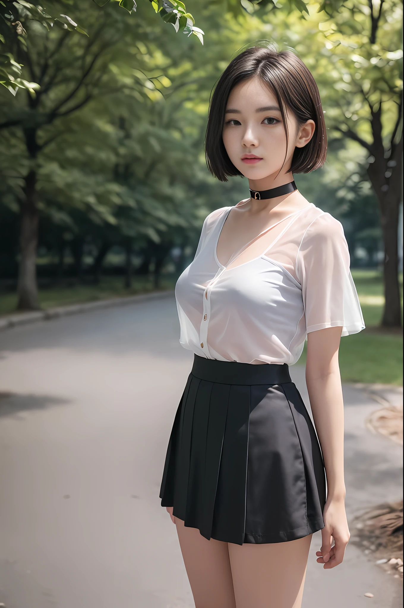 18-year-old woman, long-haired, RAW photos, bokeh (realism: 1.4, realistic), high-definition CG unified 8K wallpaper, 1girl, (((slim body: 1)), (plump breasts), back to the viewer, ((direct view from the front)), (HQ skin: 1.4), 8k UHD, DSLR, soft light, high quality, film grain, fujifilm XT3, ((uniform, short skirt, Choker, see-through shirt: 1.5)), ((outdoors, in the park))) Changju, portrait, ((layered short haircut, black hire)), (viewer: 1.4), (full body: 1.8)