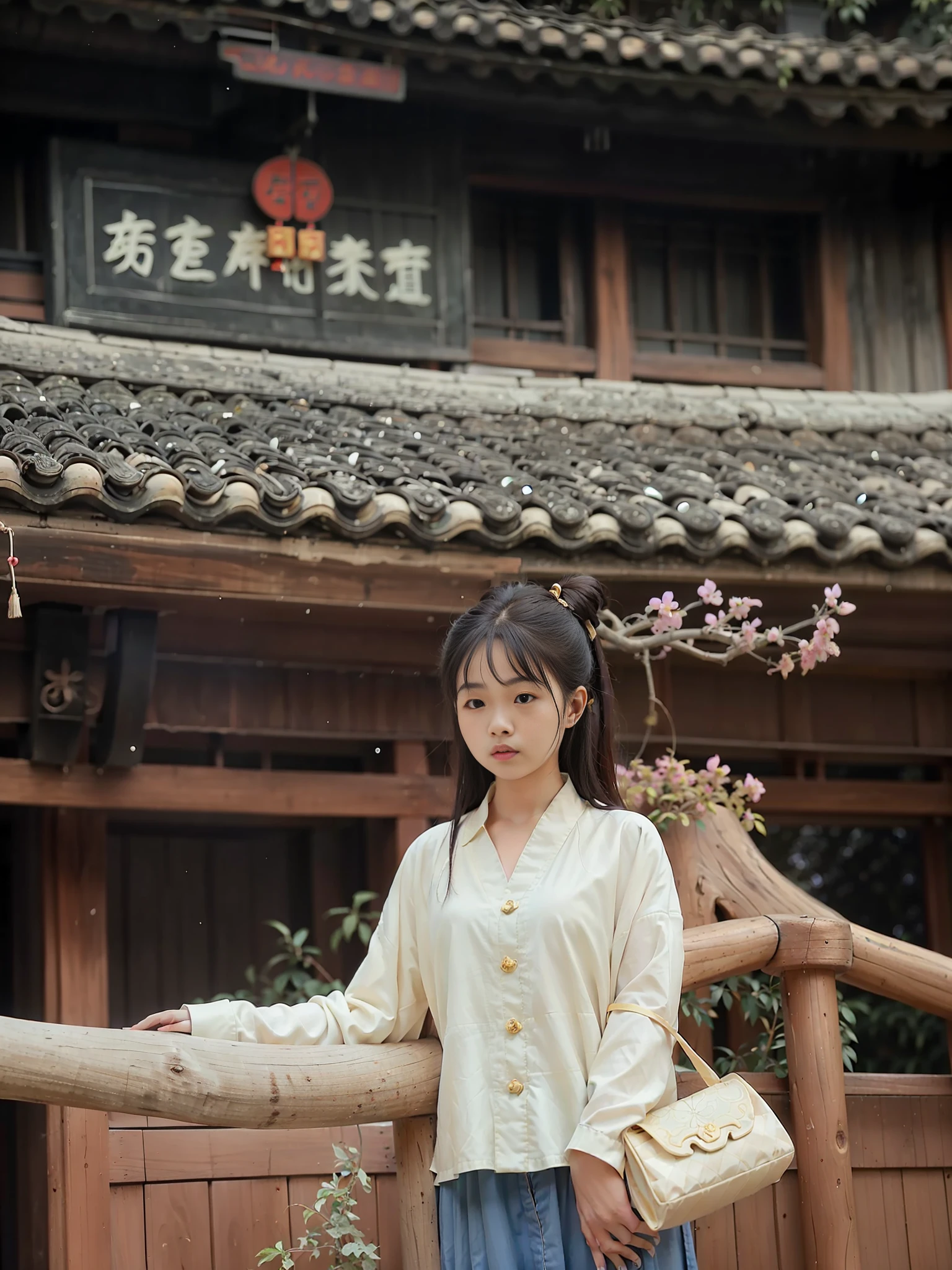 there is a woman standing in front of a building with a bag on her shoulder, with a chinese temple, around 1 9 years old, photo 35mm, taken in the late 1980s, in front of a temple, old picture, analogue photo low quality, photo taken in 1989, about 3 5 years old