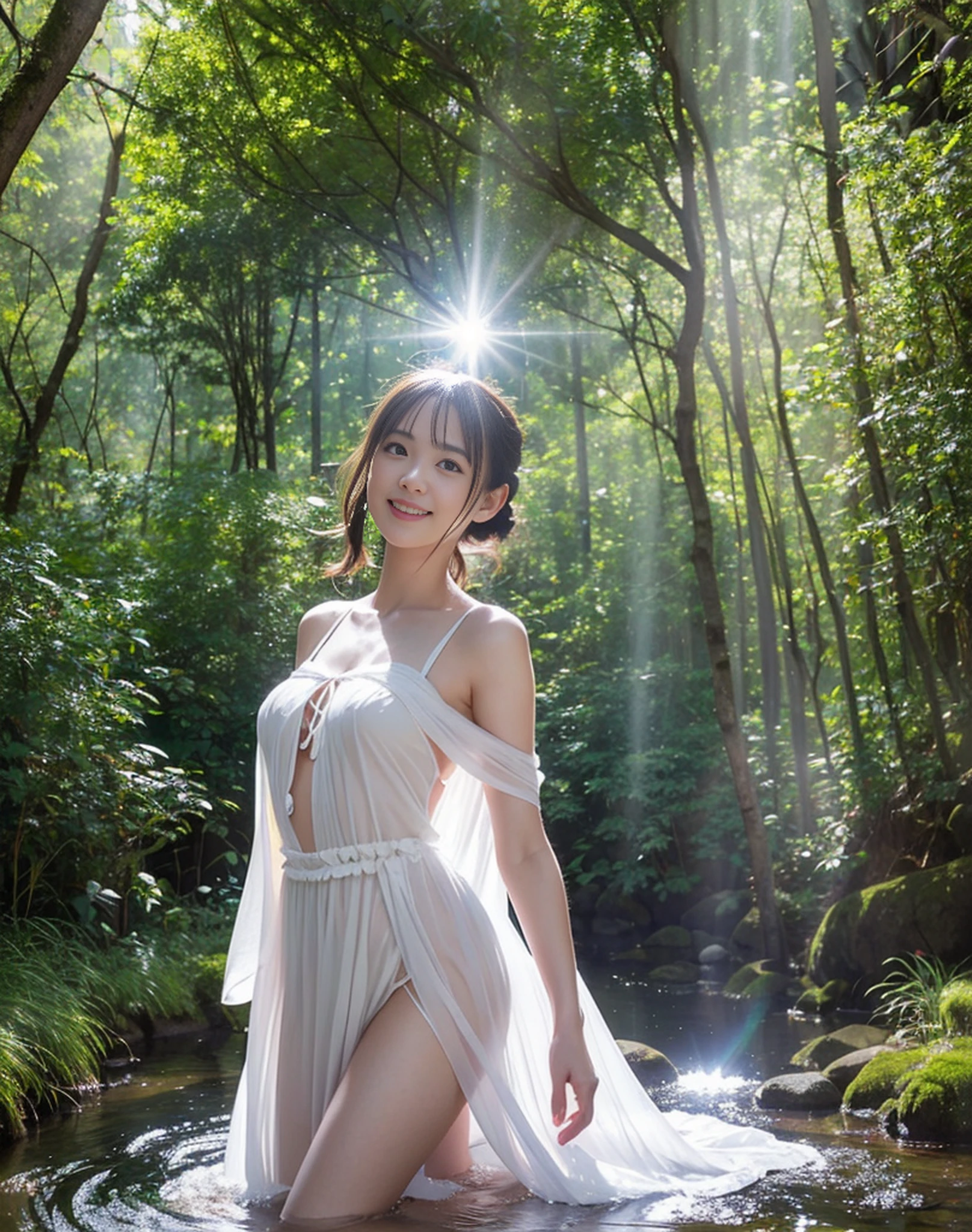 ((1 person)),((Photorealistic))), ((AKB 48))), (Full body photo)), looking up from below, twilight, facing away, ((((lens flare)))),((Backlight)))))), ((in the forest)), ((clear stream deep in the dark mountains)),((Rock in the background)),((smiling),((NIKON Z))), (19 years old),( Small bust)))), (((White dress)))), ((((Pore feeling)))), (skin feeling))))), (Photorealism: 6, Realistic))))), (sideways and turning around pose))),Perfect chest shape, bare buttocks, side ponytail, ribbons, hair ornaments, pale skin, looking at the viewer, small waist