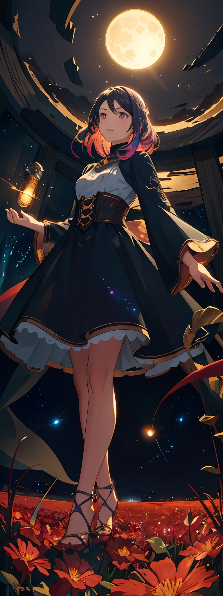 expansive landscape photograph , (a view from below that shows sky above and open field below), a girl standing on flower field looking up, (full moon:1.2), ( shooting stars:0.9), (nebula:1.3), distant mountain, tree BREAK
production art, (warm light source:1.2), (Firefly:1.2), lamp, lot of purple and orange, intricate details, volumetric lighting, realism BREAK
(masterpiece:1.2), (best quality), 4k, ultra-detailed, (dynamic composition:1.4), highly detailed, colorful details,( iridescent colors:1.2), (glowing lighting, atmospheric lighting), dreamy, magical, (solo:1.2)