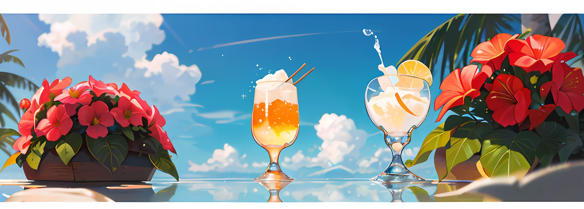 cocktailworld, no humans, landscape, summer, sky, clouds, blurred background, masterpiece, best quality, hyper detail, hyper detail, macro photography depicts picnic scenes themed around summer tropical beach vacations. The protagonist of this photo is multiple cool glasses filled with icewine. The lens focuses on glasses, fruit, dazzling midday sun, fisheye lenses, distant views, a hearty meal, (splashed liquid: 1.6), ice, (picnic scene: 0.5) (cute dessert: 0.4), dripping. It's filled with wine, translucent liquid, daytime outdoor lights (beach 1.5), tropical plants, hot weather, HD detail, wet watermark, hyperdetail, cinematic, surrealism, soft light, deep field focused bokeh, ray tracing, diffuse (ultra-fine glass reflection), and surrealism.