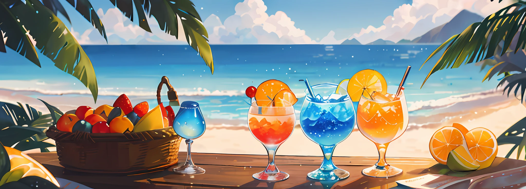 cocktailworld, no humans, landscape, summer, sky, clouds, blurred background, masterpiece, best quality, hyper detail, hyper detail, macro photography depicts picnic scenes themed around summer tropical beach vacations. The protagonist of this photo is multiple cool glasses filled with icewine. The lens focuses on glasses, fruit, dazzling midday sun, fisheye lenses, distant views, a hearty meal, (splashed liquid: 1.6), ice, (picnic scene: 0.5) (cute dessert: 0.4), dripping. It's filled with wine, translucent liquid, daytime outdoor lights (beach 1.5), tropical plants, hot weather, HD detail, wet watermark, hyperdetail, cinematic, surrealism, soft light, deep field focused bokeh, ray tracing, diffuse (ultra-fine glass reflection), and surrealism.