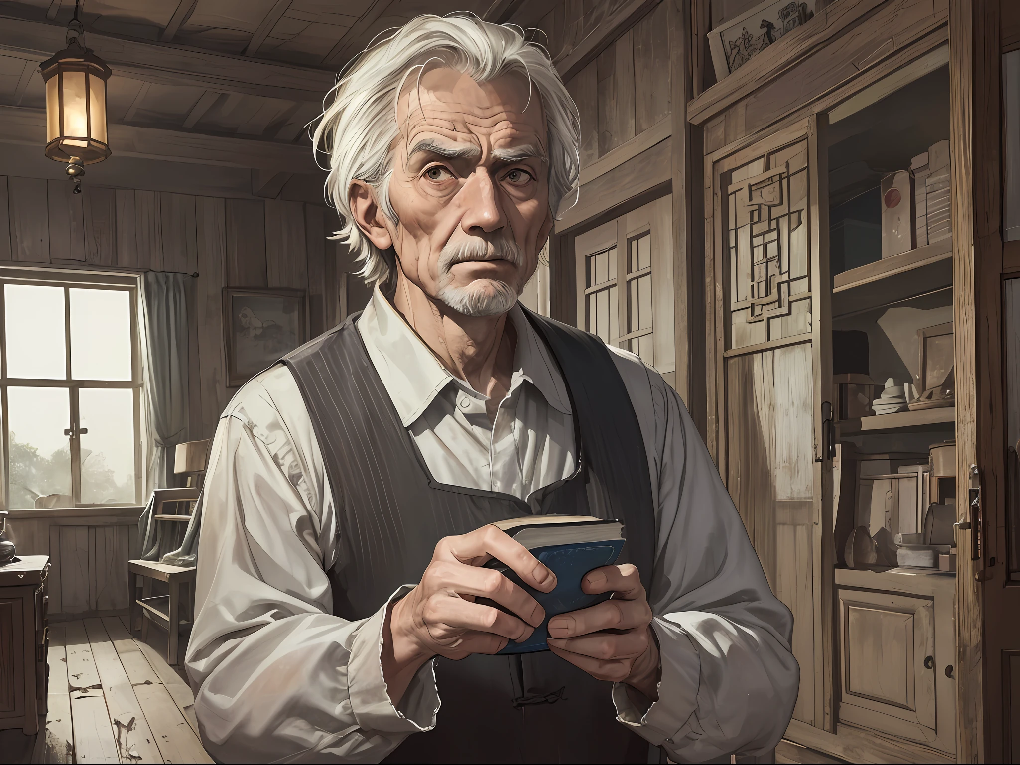 1 old man, thin, serious, a serious book, shabby clothes, very dirty face, inside the house, shabby house, simple, night, faint candlelight, ((ultra-realistic details)), Chinese Republic of China style, panorama, whole body, clear facial features, short black hair, shabby clothes, sloppy, 8k, a pair of bright eyes