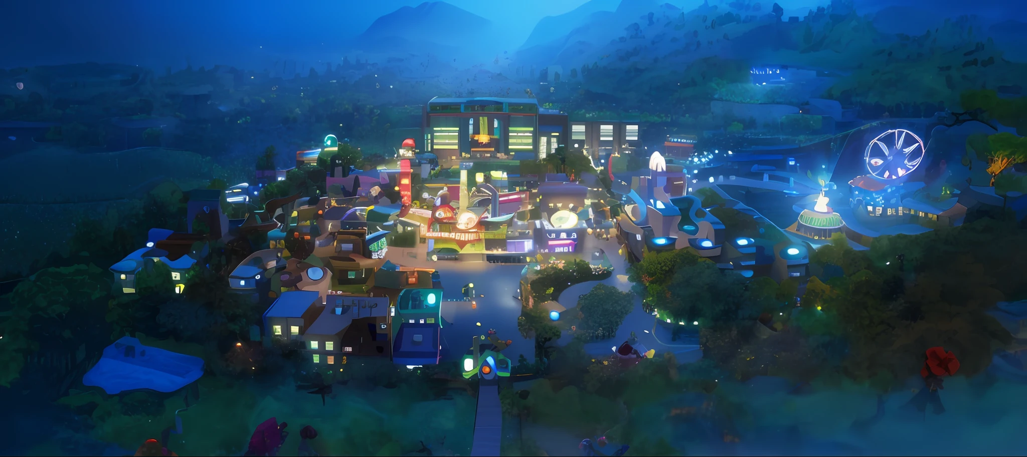 arafed view of a city with a ferris wheel and a ferris wheel, pixar rendering, detailed photo of virtual world, screenshot from simcity pc game, pixar film setting, pixar zootopia. 3 d rendering, disney render, render in pixar, town center background, nighttime foreground, sims 4 screenshot, nightime village background, resort