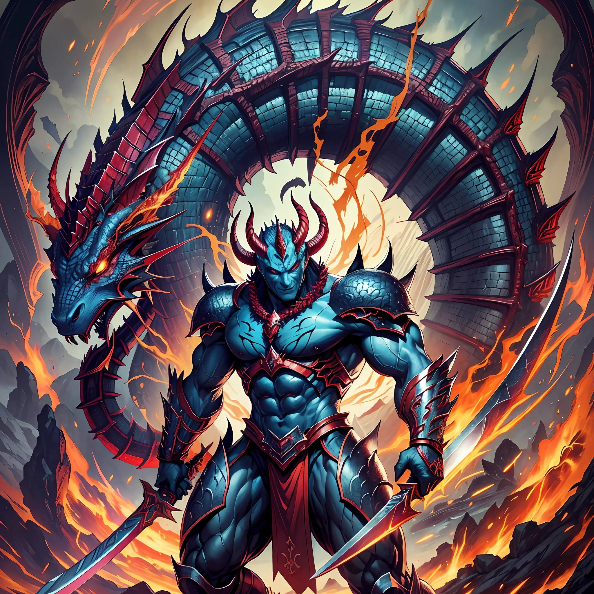 Close up of dragon with sword in hand, gorgeous supreme demon king, full art, high definition official artwork, plant dragon cyborg, magnificent complex Orobolos, kitava, kitava insatiable hunger, colorful muscle eldrich, 1/100 occlusion speed