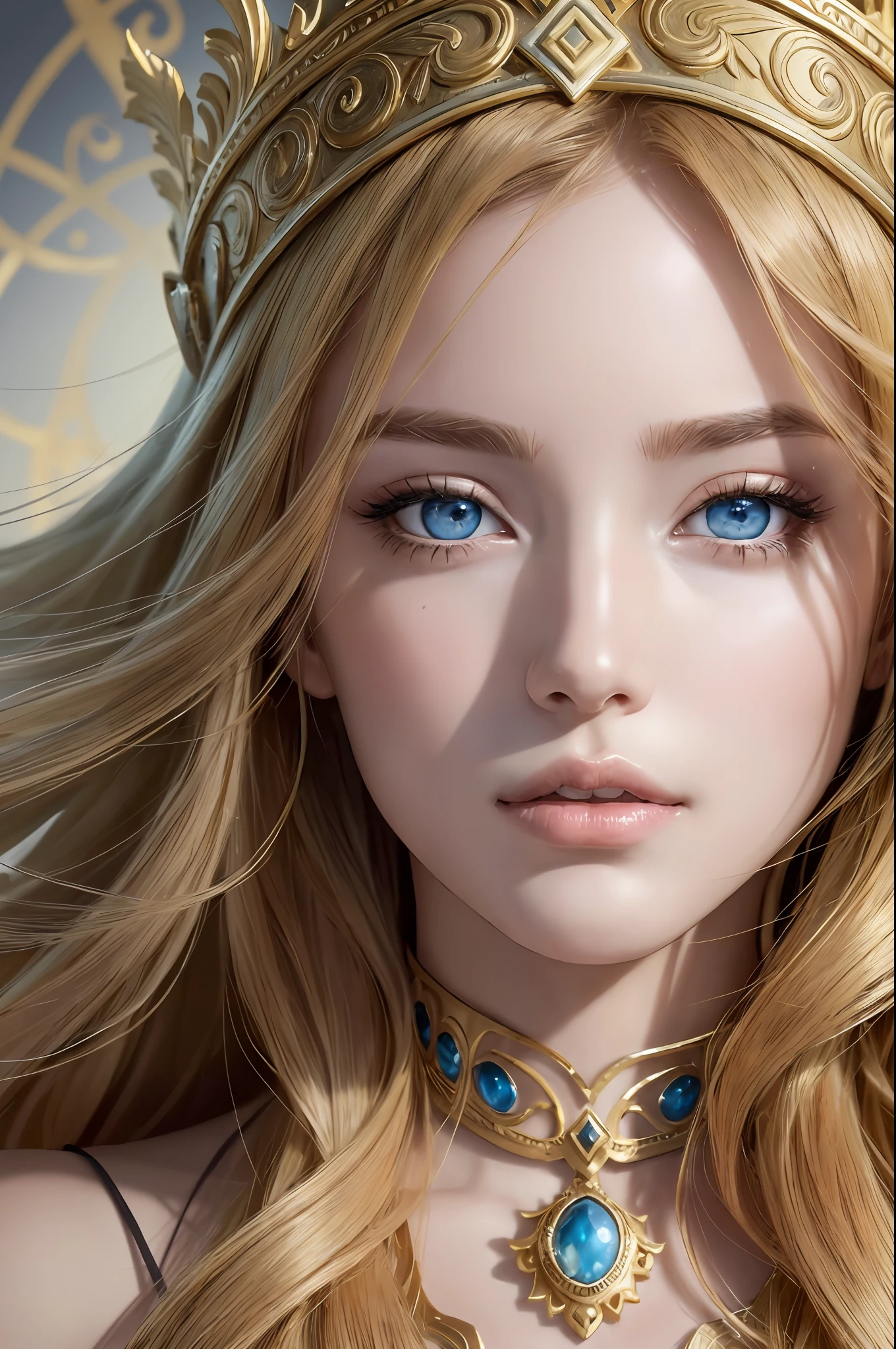 ( Absurd, High quality, ultra-detailed, masterpiece, concept art, smooth, highly detailed artwork, hyper-realistic painting )beautiful eyes(eyes detailed), Greek mythology, Helen of Sparta, the most beautiful woman in the world, beauty was extraordinary, enchanting, with radiant features and a flawless complexion, lovely, mesmerizing eyes that held a magnetic charm, drawing people towards her, Golden hair color, cascading down her shoulders in waves, her beauty became a source of conflict and tragedy
