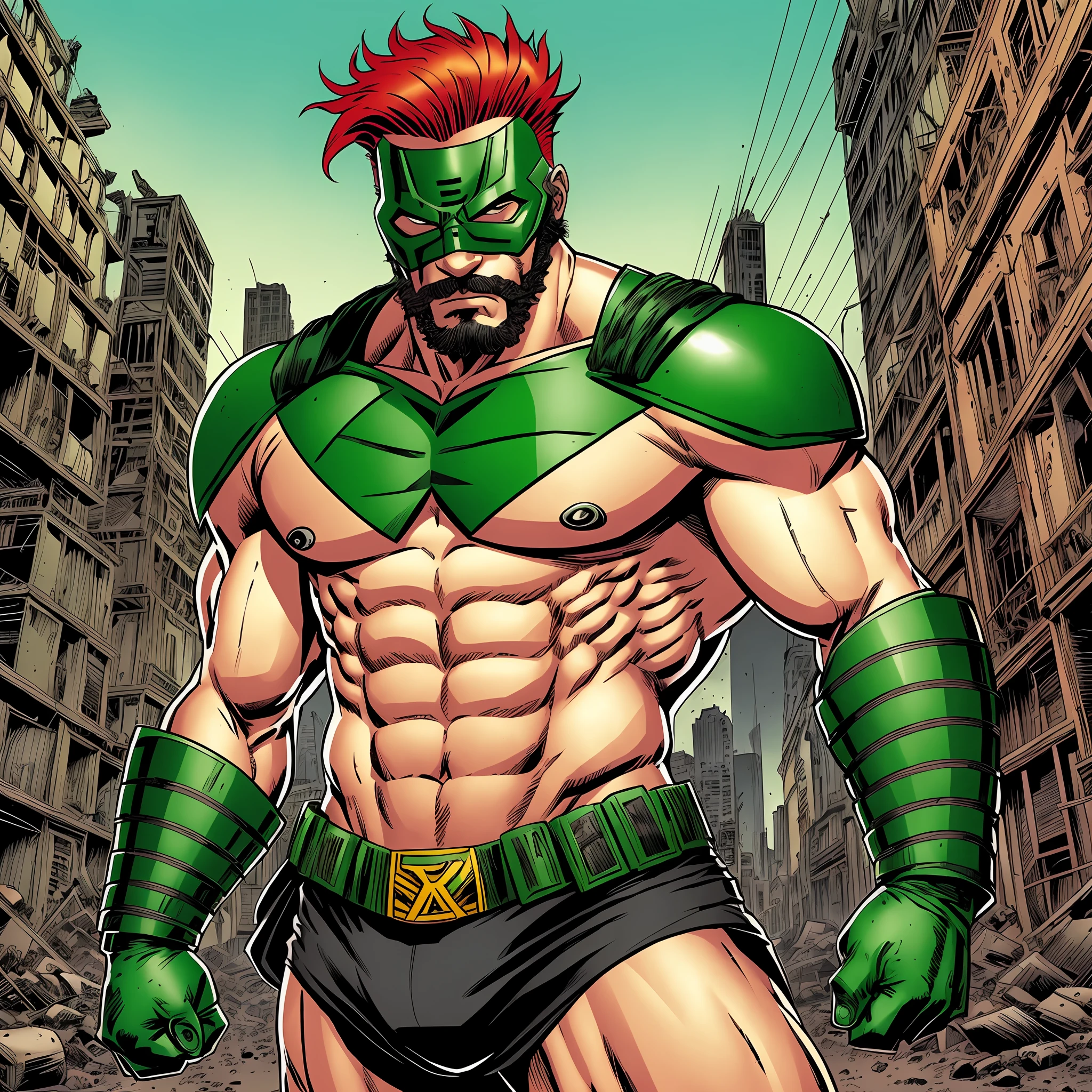 A caricature of a man, red hair, green mask sadomasochism, mask of Luchadores, shirtless, military pants, comic book cover, Lobo, comic book, Lucha libre, J. Lesaffre, comic book style, by Frank Miller, the background is a post-apocalypic world, --auto --s2