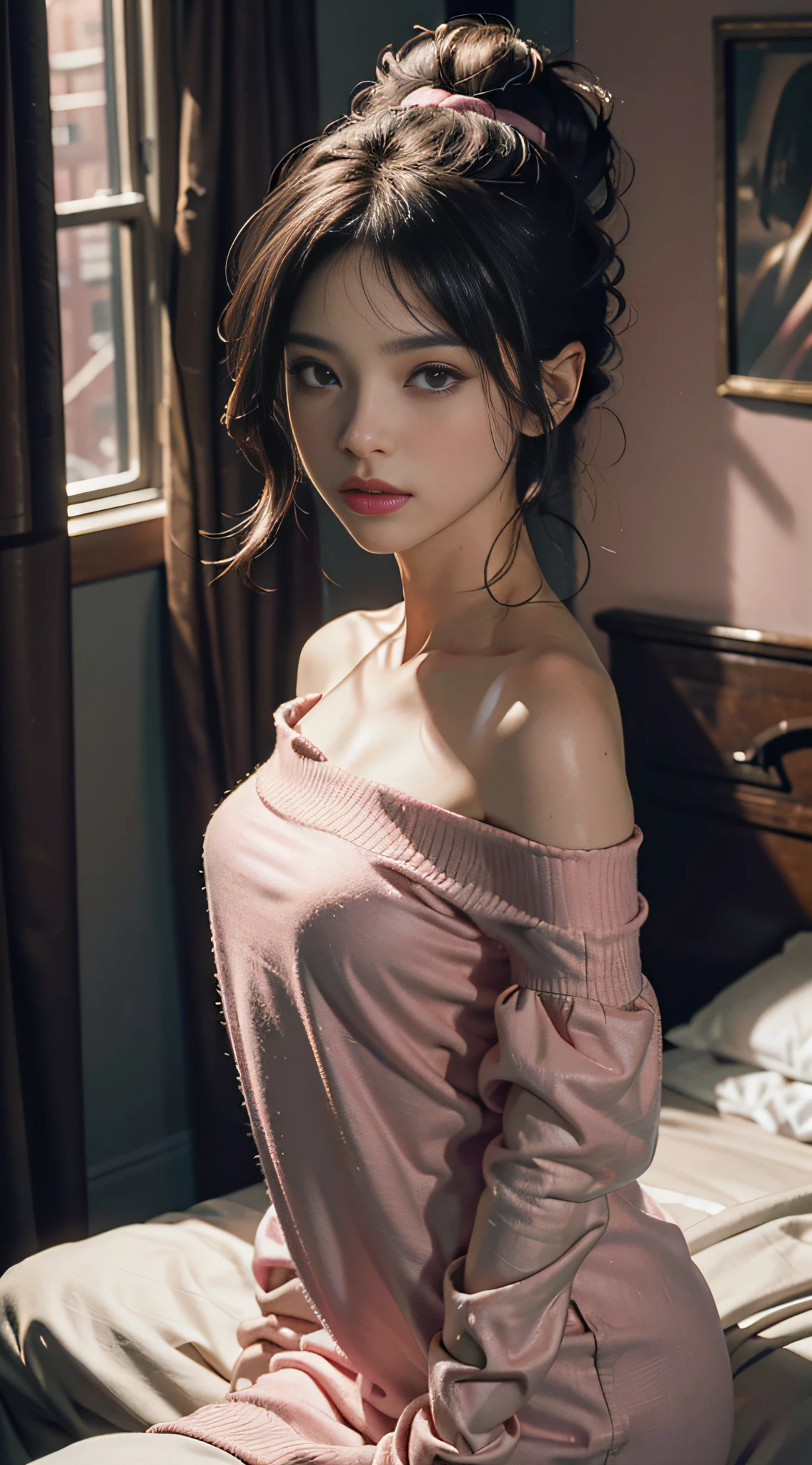 Best Quality, Masterpiece, Ultra High Resolution, (Realisticity: 1.4), Original Photo, 1girl, Pink Off-the-Shoulder, Cinematic Lighting