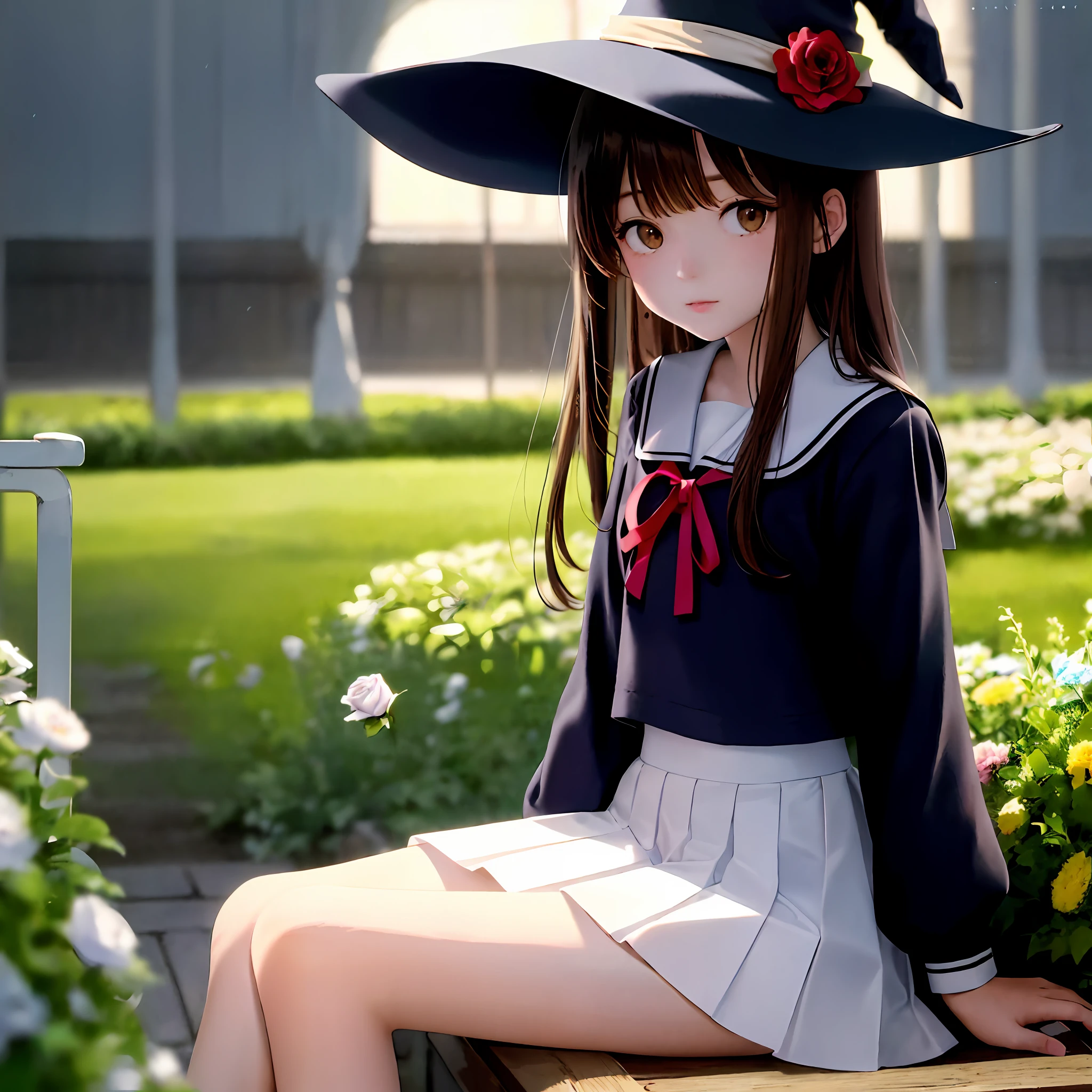 Masterpiece, Best Quality, Ultra Detailed, Illustration, Colorful, FAQ Color, Depth of Field, Lens Glow, 1girl, Anime, Seated, Brown Hair, Brown Eyes, Looking at the Audience, (Night: 1.2), (Clear Moonlight: 1.2), Garden, Rose, Sky Blue Hat, Witch Hat, White Short Sleeves, Sky Blue Skirt, Pleated Miniskirt, Serafuku, Delicate Skin Texture, Delicate Fabric Texture, Beautiful and Meticulous Face,