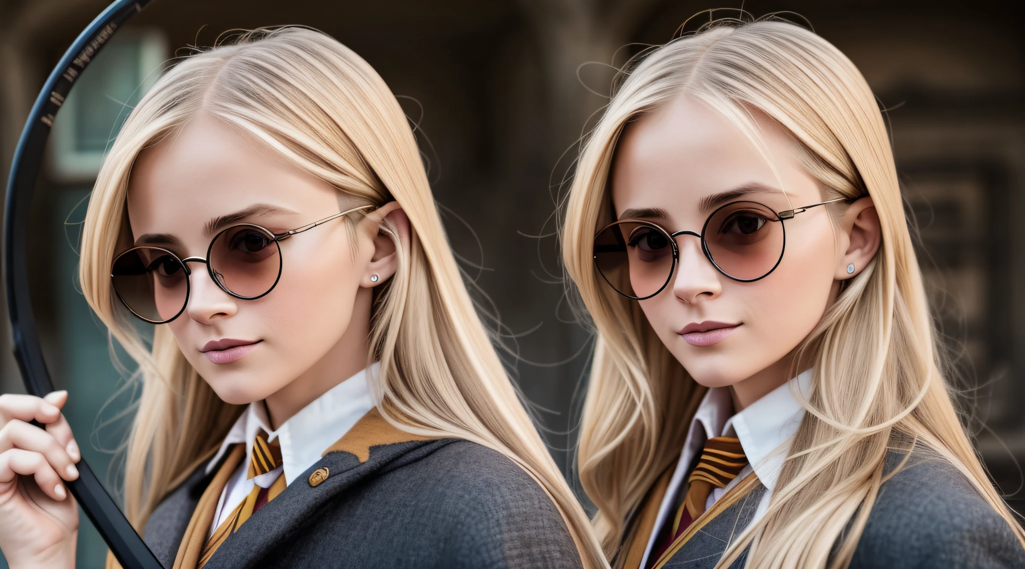 blond girl with sunglasses holding a broom and a broomstick, broomstick, girl wearing round glasses, wearing big black circle glasses, round glasses potter, girl with glasses, sweeping wild blonde hair, with sunglass, round black glasses, wearing round glasses, circular glasses, round goggles, funny sunglasses, hair over her eyes, photoshoot, she wears harry potter glasses --auto --s2