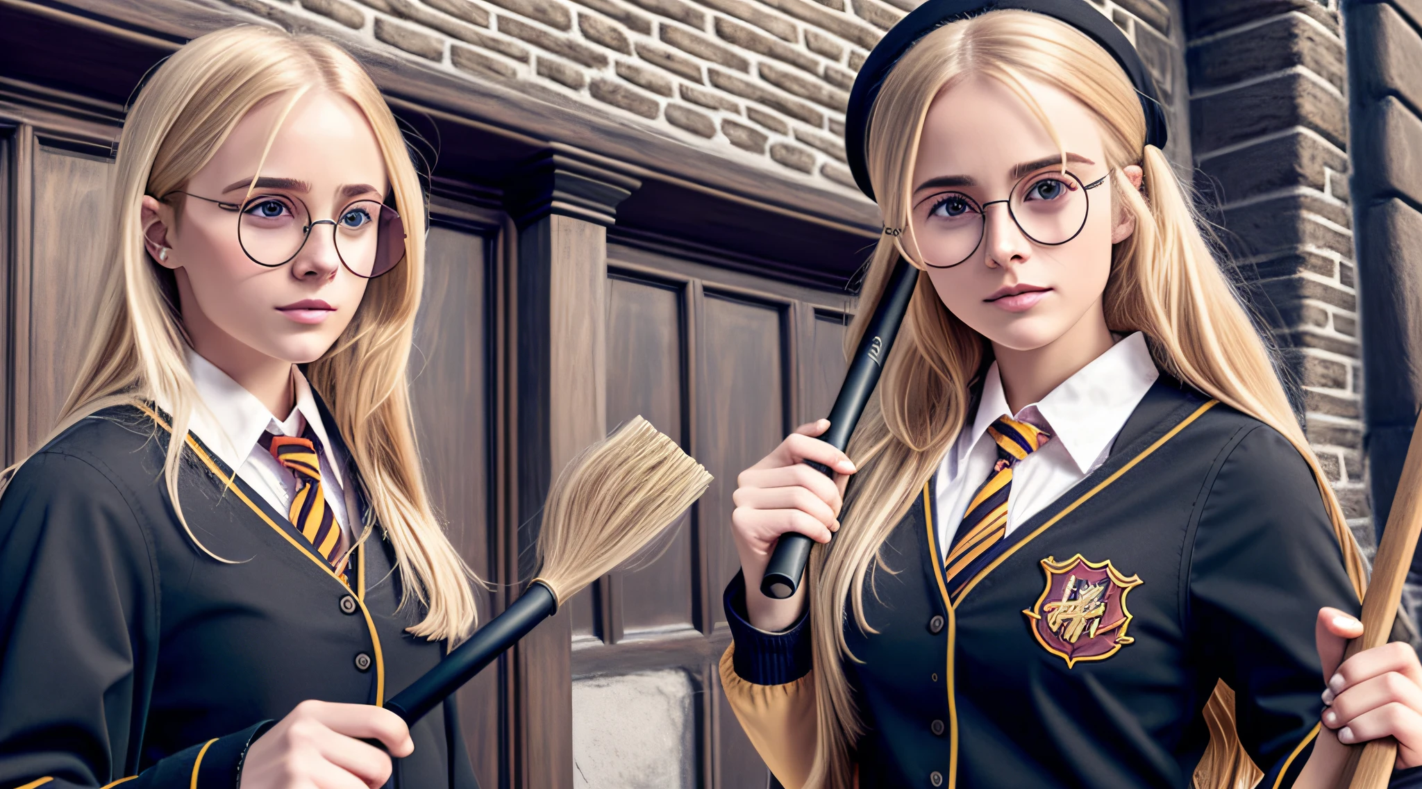 blond girl with sunglasses holding a broom and a broomstick, broomstick, girl wearing round glasses, wearing big black circle glasses, round glasses potter, girl with glasses, sweeping wild blonde hair, with sunglass, round black glasses, wearing round glasses, circular glasses, round goggles, funny sunglasses, hair over her eyes, photoshoot, she wears harry potter glasses --auto --s2