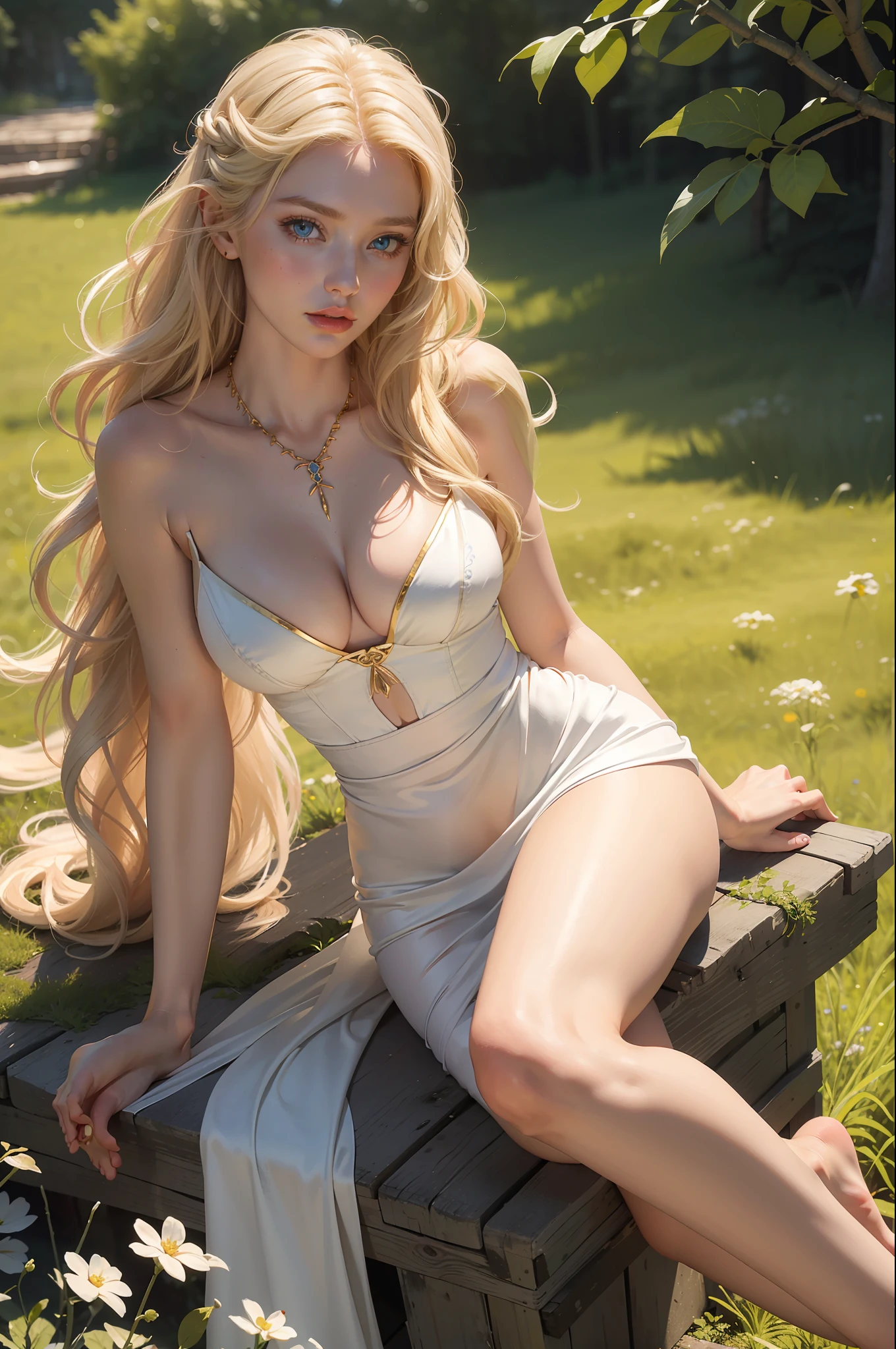 full body of blonde scandinavian goddess, face of elsa hosk, very large breasts, revealing white silk dress with deep cleavage, bare feet, small feet, large elaborate amber necklace, light blue eyes, golden blonde wavy hair, red lipstick, seductive gaze, volumetric lighting, photorealistic, meadow background, ultra detailed, best quality