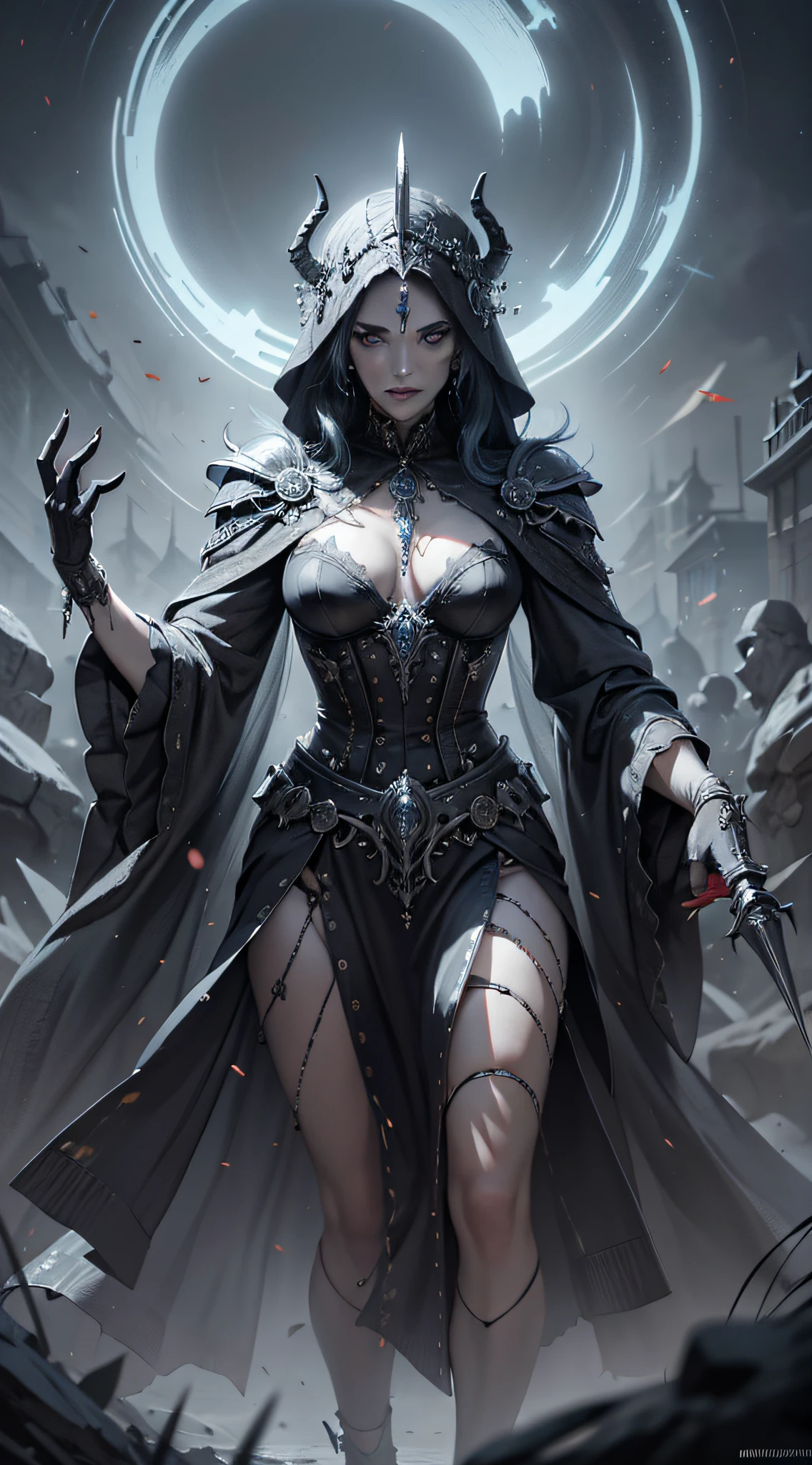 (very detailed 8k wallpaper), medium shot of a terrifying necromancer, intricate, high detail, dramatic