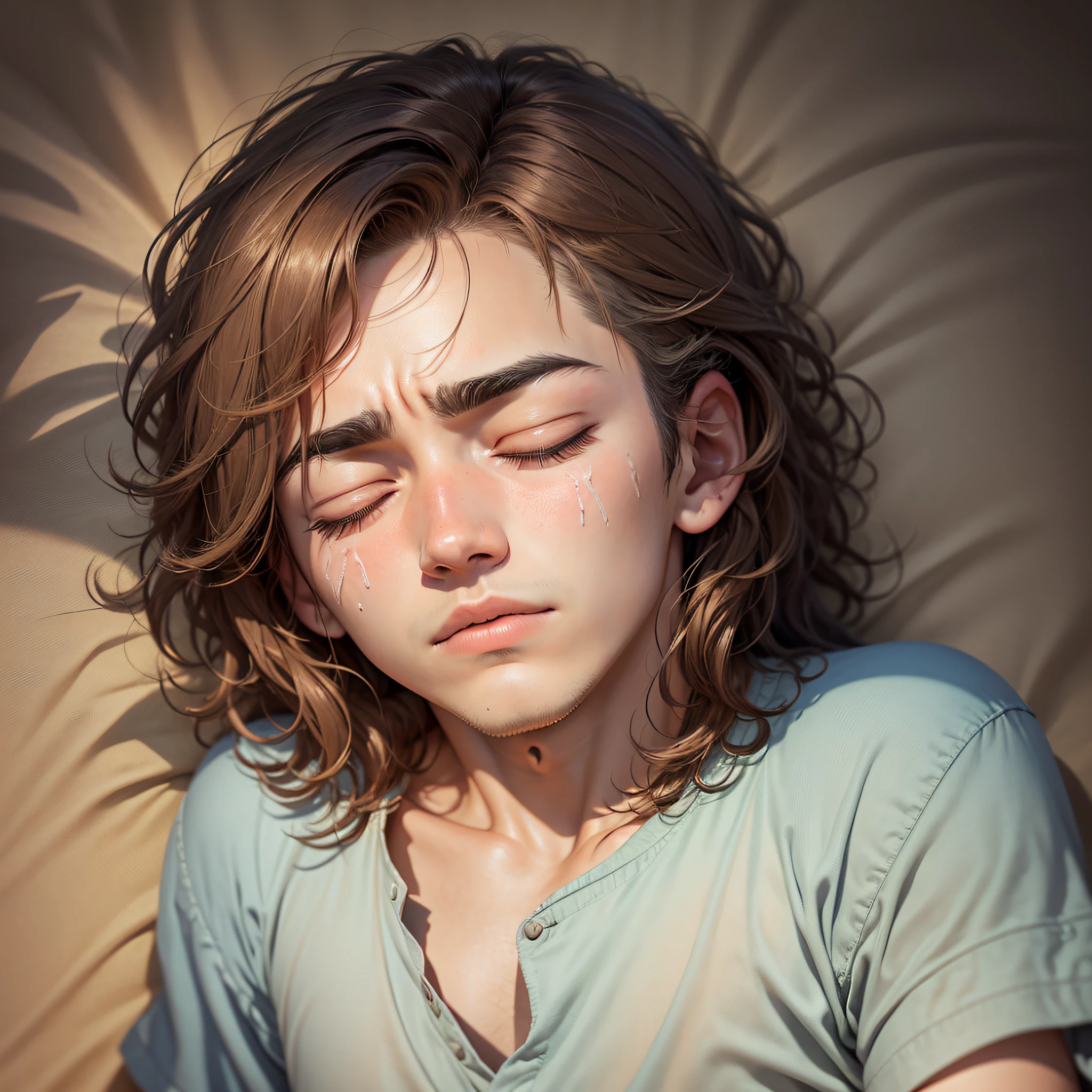 The sleeping young man's brows furrowed, not knowing if he felt uncomfortable from being scratched by the sun --auto --s2
