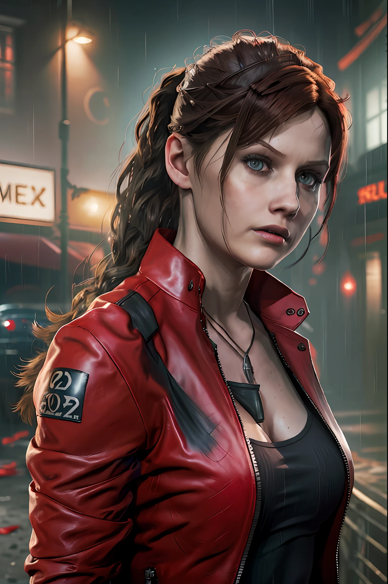 Claire redfield (Resident Evil 2), young face, best quality, masterpiece, wearing black tank top inside, bright red long sleeve leather jacket outside, pony tail hair tie, dark brown hair color, long hair, breast, dark streets in the background, night, dark atmosphere, depth of field, soft face, detailed face, high resolution:1.2,