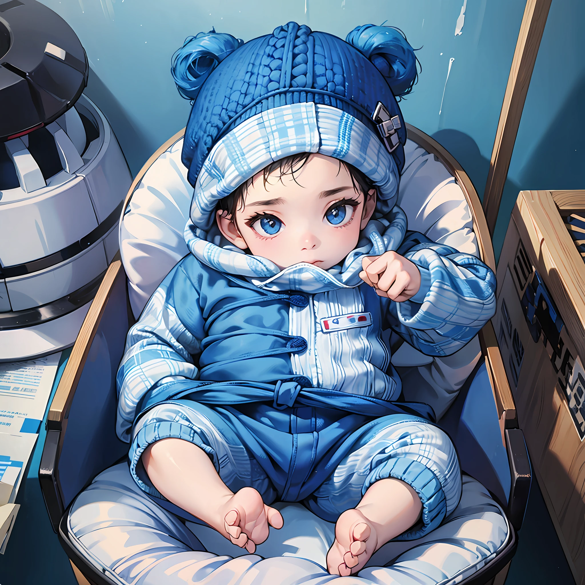 A newborn baby, boy, blue knitted jumpsuit, photography.
