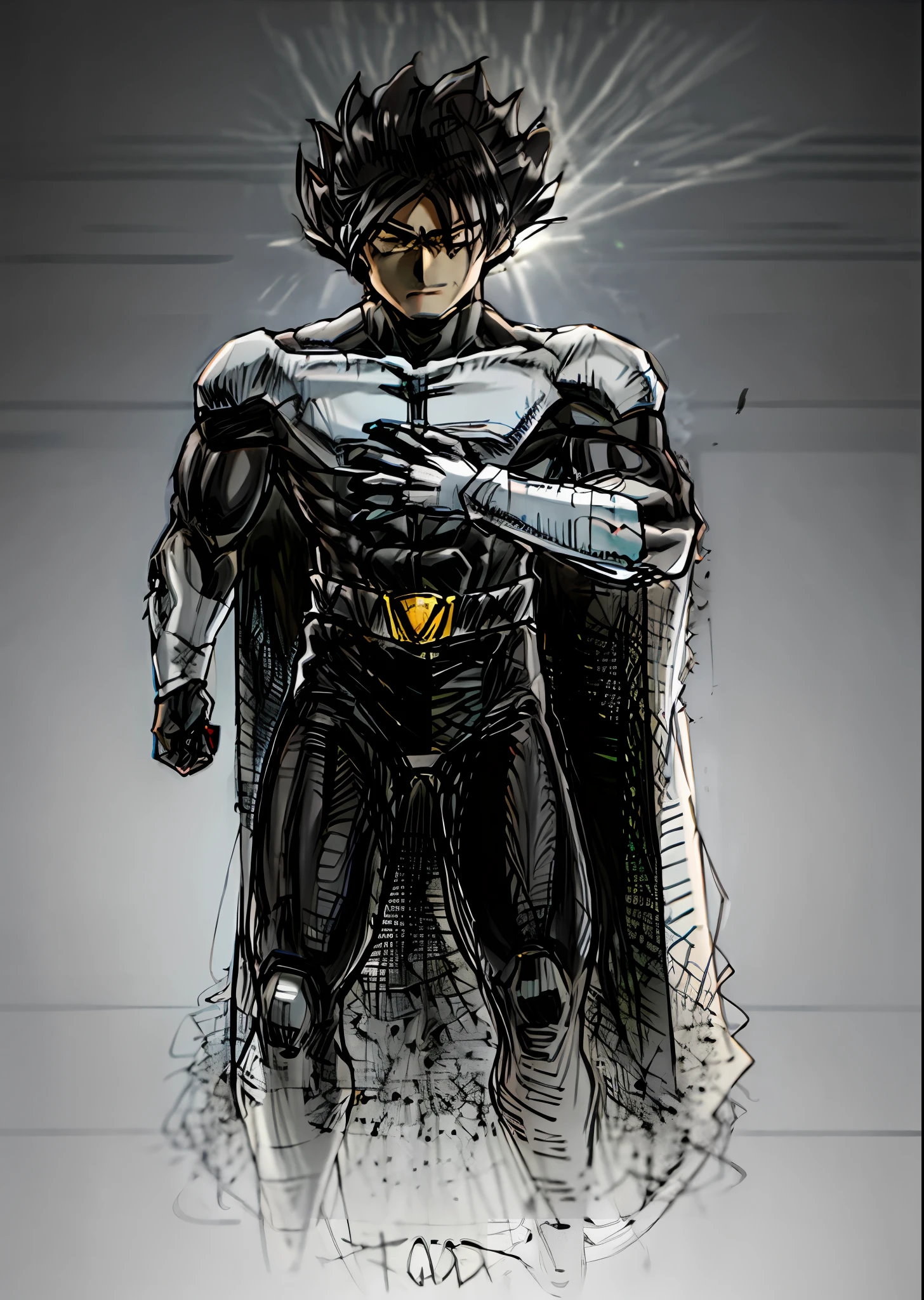 A man in a cape and shirt in a dark gray and white suit. The black hair is stylish and the modern boots create an elegant contrast. hero, arcane style, boku no hero style, one punch man style