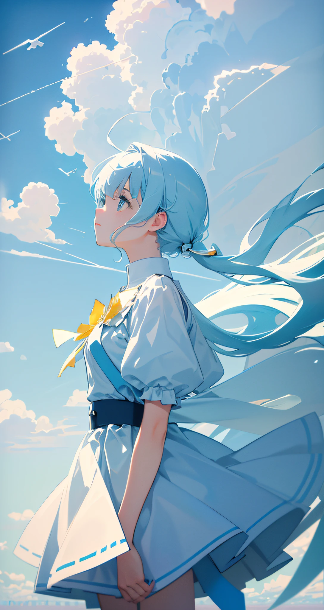 Masterpiece, Best Quality, Film Stills, 1girl, Floating in the Sky, Cloud Girl, Clouds, Singing, Melancholy, Eyes into the Distance (Close-up: 1.1), Bright, Happy, Funny, Soft Light, (Bauhaus, Shapes, Lines, Abstract: 1.1)