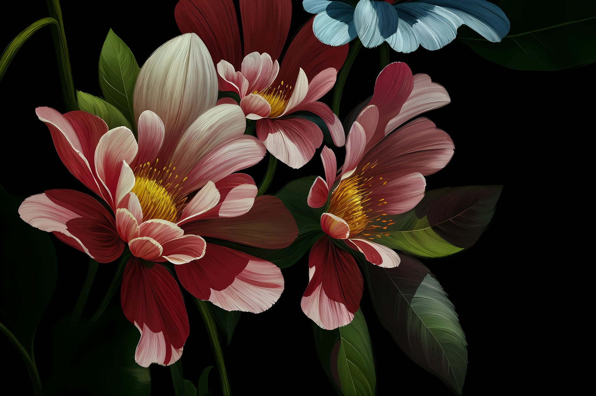 there is a close up of a flower with a black background, in style of digital painting, ultra detail. digital painting, smeared flowers, high detail impressionist style, soft digital painting, digital oil on canvas, digital oil painting, inspired by Jacopo Bassano, in a oil painting style, painting in luminist style, digital painted