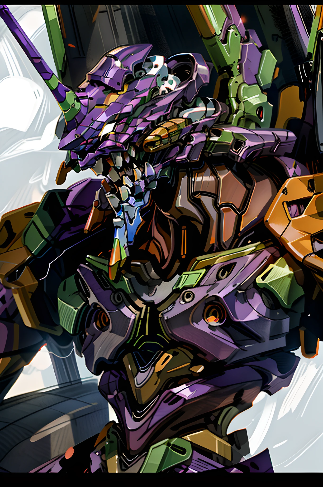 Eva 01, Eva God, Evangelion Mecha, Science Fiction, Look Audience, (Official Art, Best Quality, Masterpiece: 1.2), Highest Quality, More Details, 8K, Mecha, Doomsday Style, Sketch, Japanese, HD, EVA 01's body