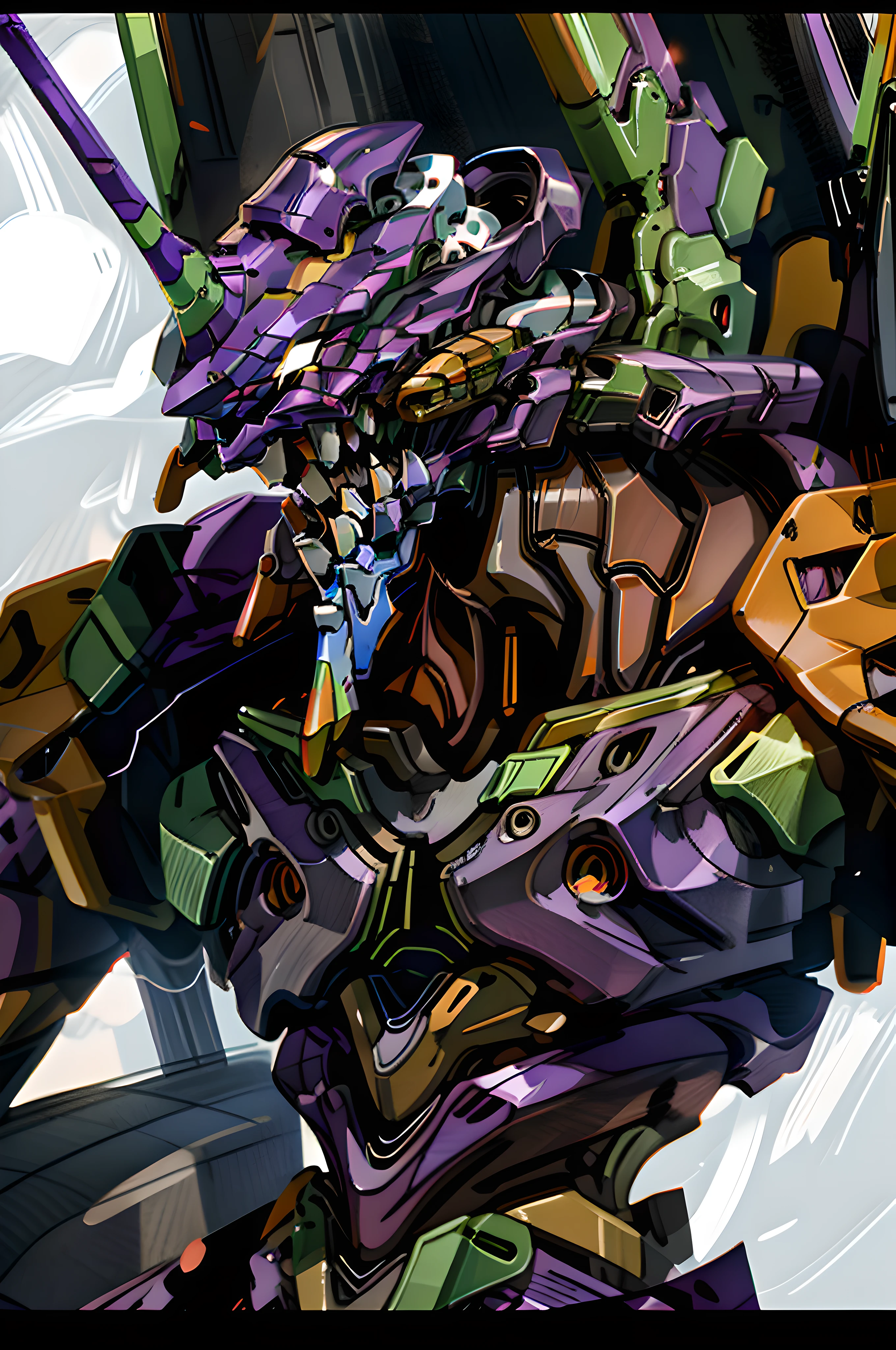 Eva 01, Eva God, Evangelion Mecha, Science Fiction, Look Audience, (Official Art, Best Quality, Masterpiece: 1.2), Highest Quality, More Details, 8K, Mecha, Doomsday Style, Sketch, Japanese, HD, EVA 01's body