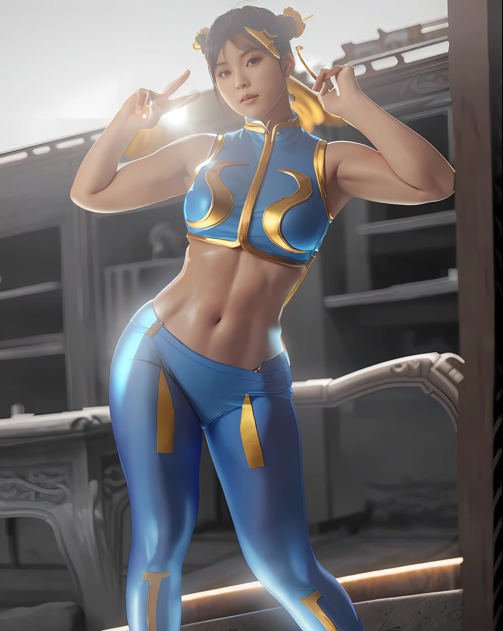 Cinematic poster. 8k, real image, intricate details, ultra-detailed, (photorealistic), (8k, RAW photo, best quality, masterpiece:1.2),(realistic, photorealistic:1.37).
(ChunLi:1.0), 1girl, solo, Chun-li wearing full blue clothing, full body, with gold details glued all over the body with sparkle, (camel toes), Hot body, Hot girl, Athletic body, skin with sparkle, highly detailed, realistic. kinematic lighting.
In the background a cinematic ancient Chinese city with stone dragon statues.