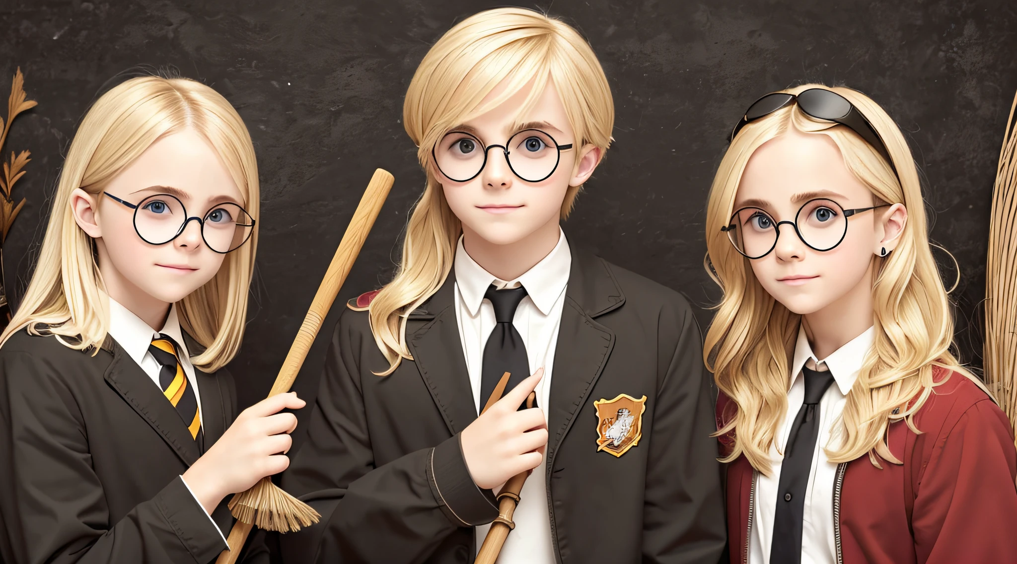 blonde boy with sunglasses holding a broom and a broomstick, broom, girl wearing round glasses, wearing big black circle glasses, round potter glasses, girl with glasses, snatching wild blonde hair, with sunglasses, round black glasses, wearing round glasses, circular glasses, round glasses, funny sunglasses, hair over eyes, Photo shoot, she wears Harry Potter glasses --auto --s2