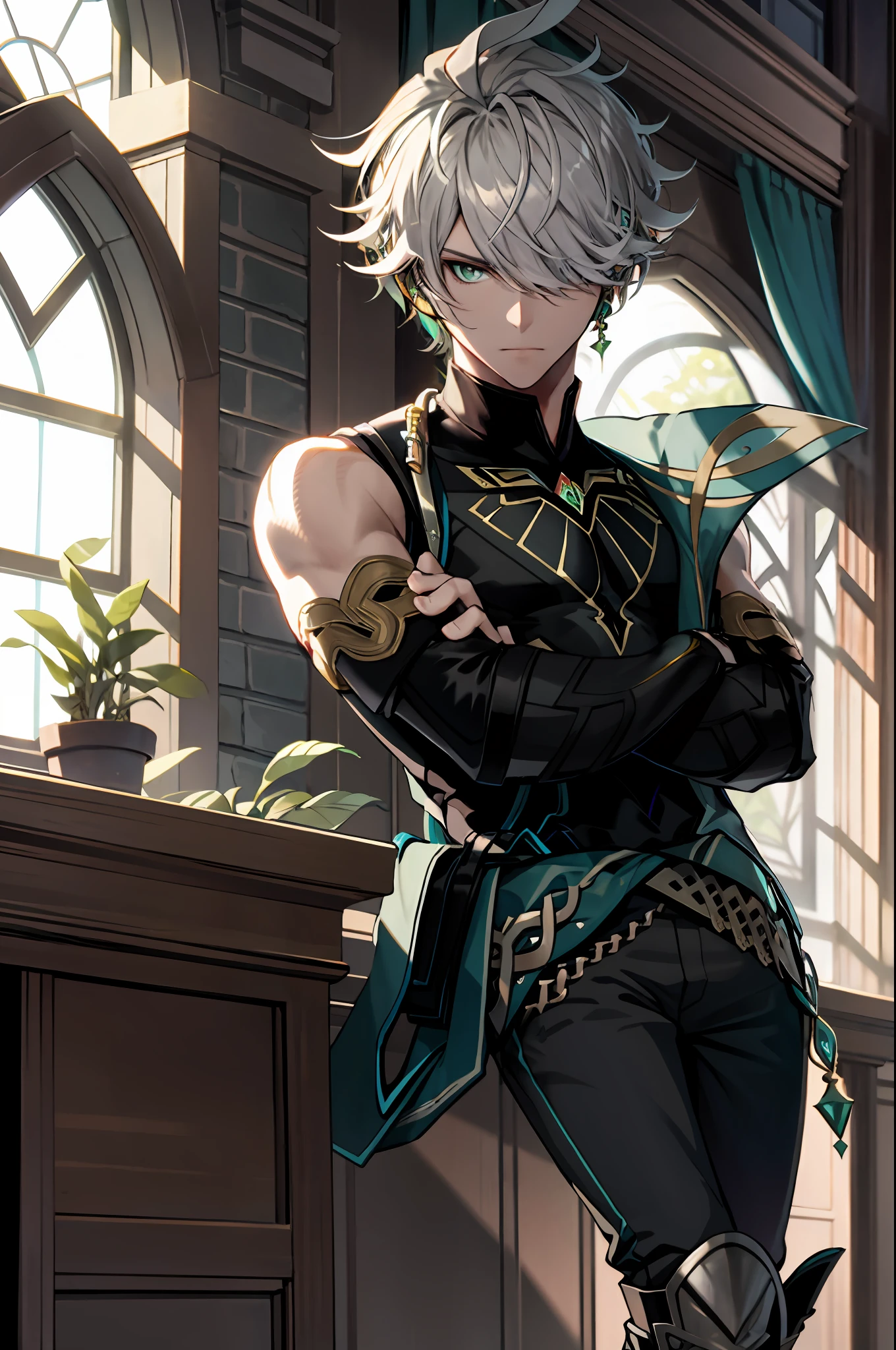 masterpiece, best quality,alhaitham\(genshin impact\), 1boy, male focus, ((crossed arms)), window, book, shirt, solo, gloves, sleeveless shirt, grey hair, sleeveless, ahoge, curtains, black shirt, open book, bangs, hair over one eye, black gloves, indoors, fingerless gloves, black pants, pants, swept bangs, boots, bare shoulders, short hair, elbow gloves,(kbxll:0.6), detailed, focus on face, accurate face, green eyes