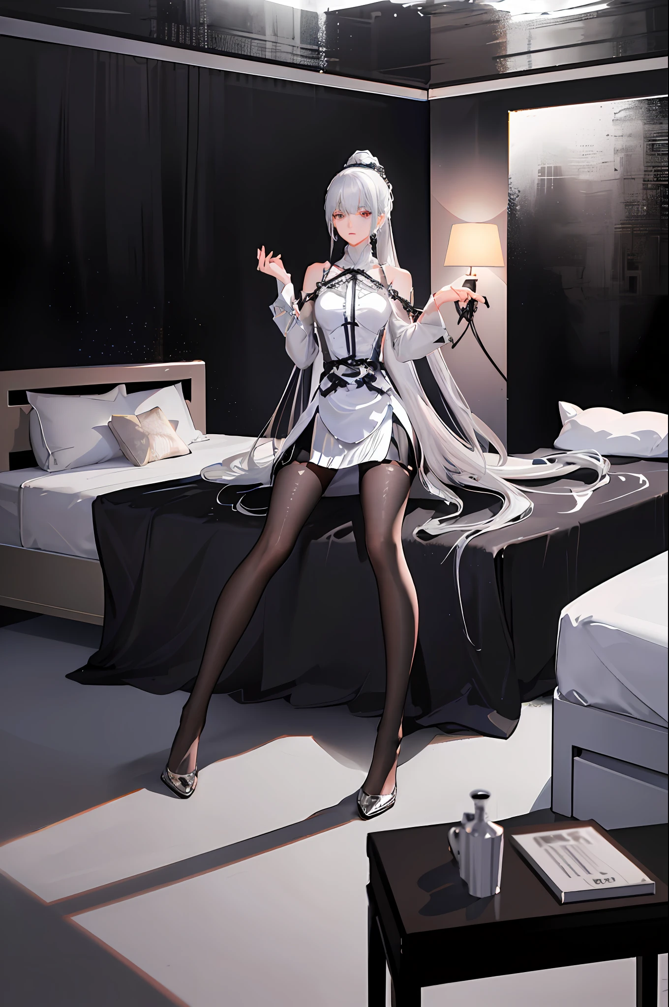 (((1 girl)),ray tracing,(dim lighting),[detailed background (bedroom)),((silver hair)),((silver hair)),(Fluffy silver hair, plump slender girl)) with high ponytail)))) Avoid golden eyes in the ominous bedroom (((Girl wears a white shirt, black wrinkled skirt with black sheer pantyhose), showing a delicate slim figure and graceful curves, correct limbs, sitting on the bed