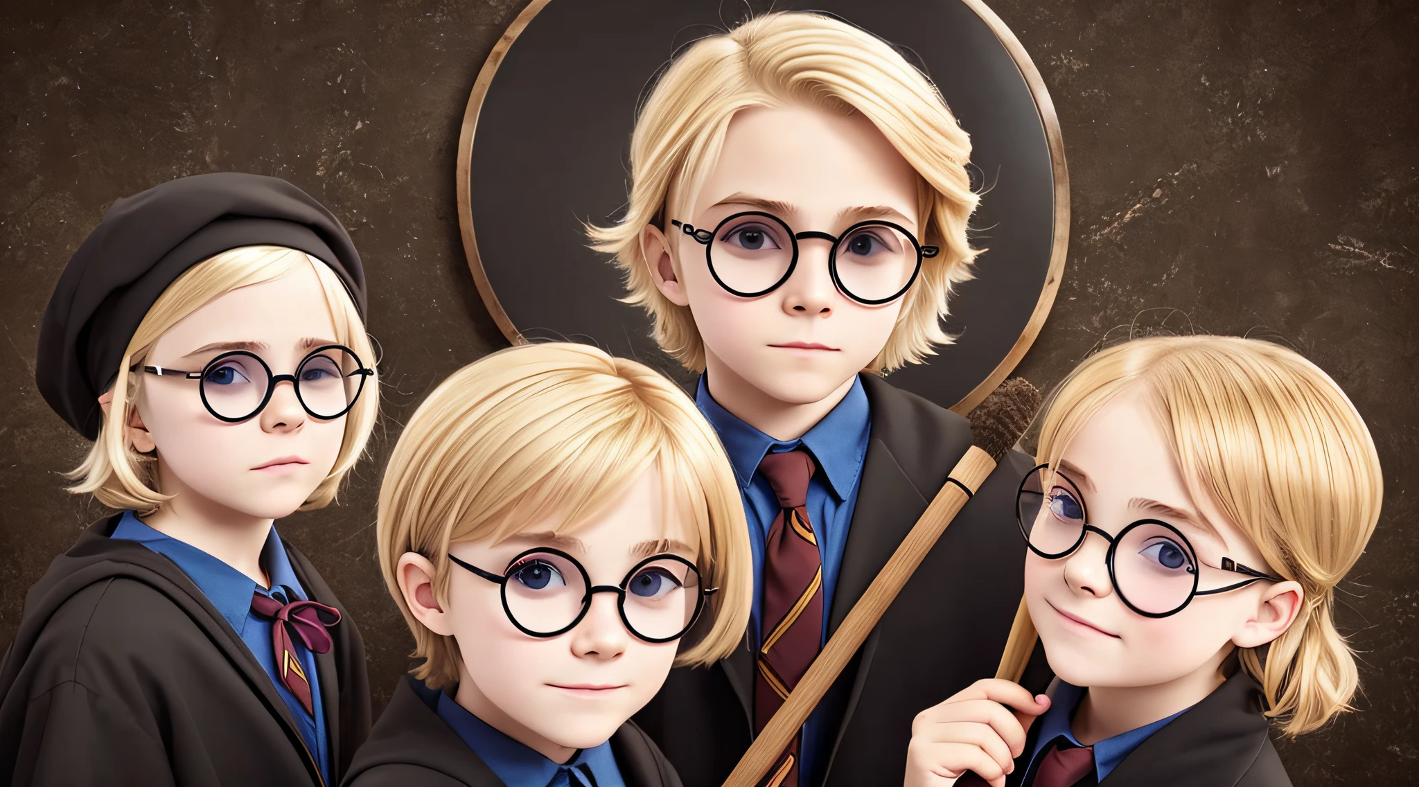 blonde boy with sunglasses holding a broom and a broomstick, broom, girl wearing round glasses, wearing big black circle glasses, round potter glasses, girl with glasses, snatching wild blonde hair, with sunglasses, round black glasses, wearing round glasses, circular glasses, round glasses, funny sunglasses, hair over eyes, Photo shoot, she wears Harry Potter glasses --auto --s2