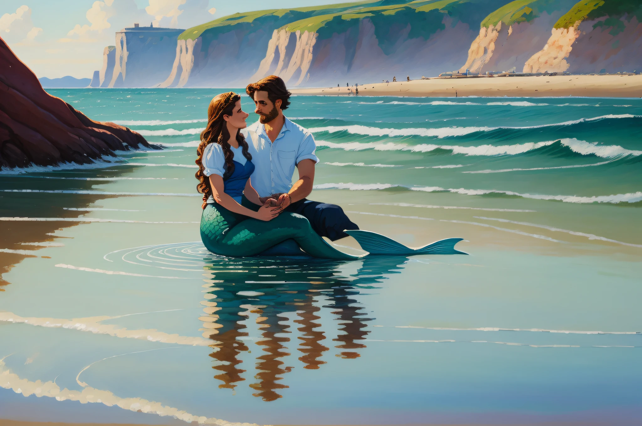 Mermaid in fisherman's lap, seaside, impressionism, capturing light and atmosphere, loose brushwork, outdoor painting, natural scenes, color harmonies, soil, human, above water, expansive horizon, reflections, serene atmosphere, sunlit ripples, heroic scene