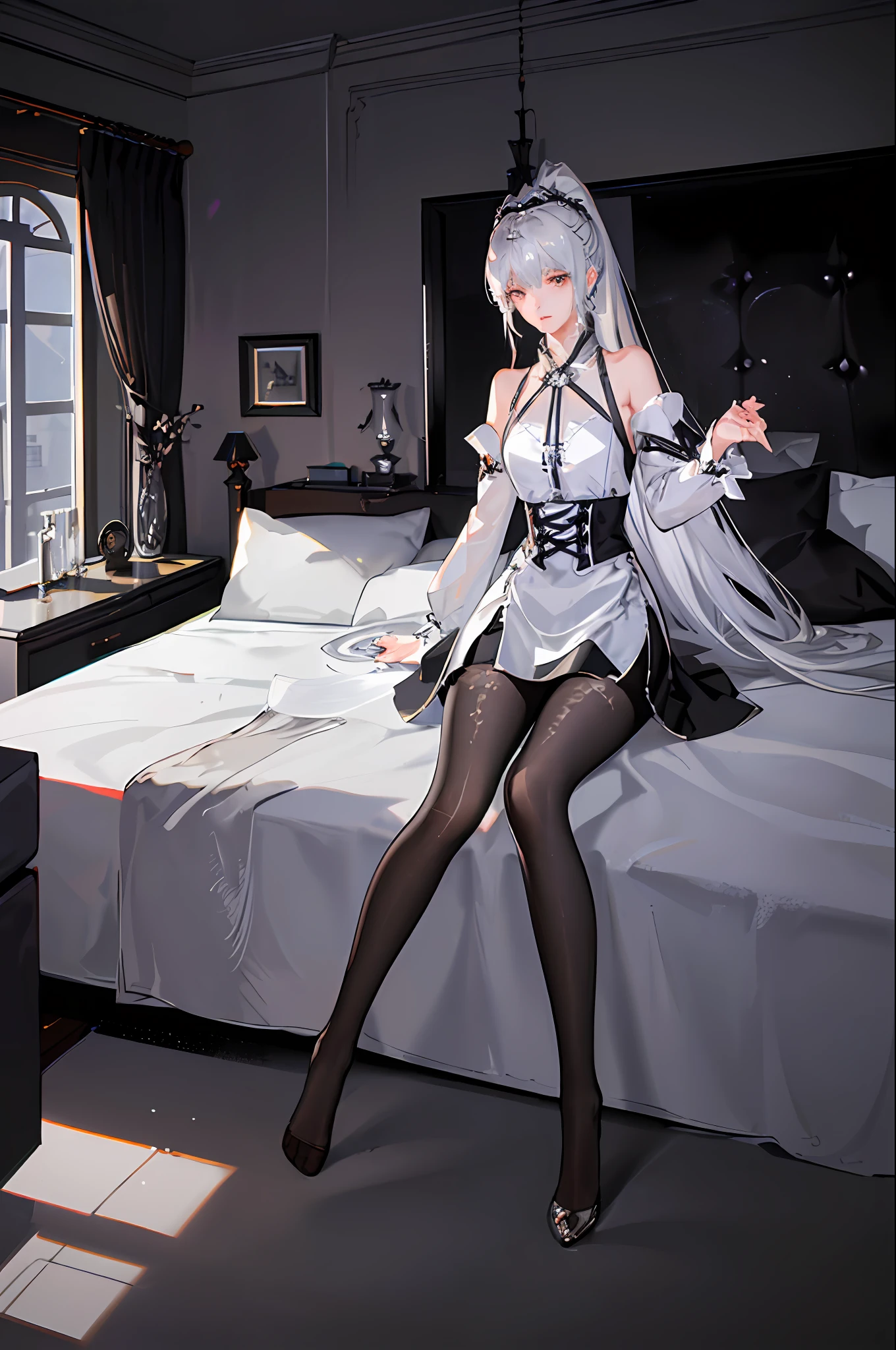 (((1 girl)),ray tracing,(dim lighting),[detailed background (bedroom)),((silver hair)),((silver hair)),(Fluffy silver hair, plump slender girl)) with high ponytail)))) Avoid golden eyes in the ominous bedroom (((Girl wears a white shirt, black wrinkled skirt with black sheer pantyhose), showing a delicate slim figure and graceful curves, correct limbs, sitting on the bed