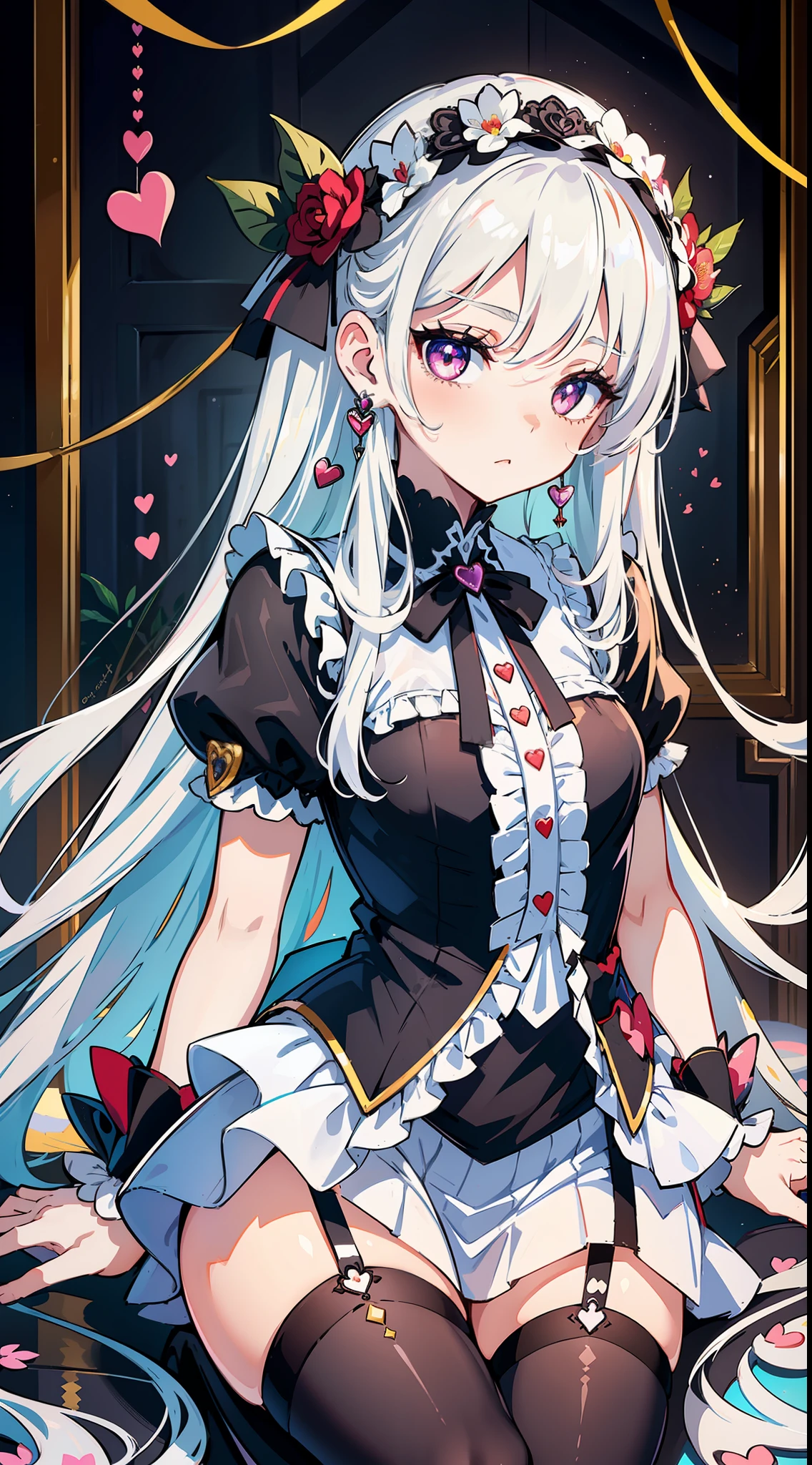 (Cute girl), long Hair, (Flower headdress), Heart-shaped earrings, (Eyes that shine like jewels), innocence, Short Sleeves, (Young), (White skin), (slender body), (black stockings), (ribbon), indoor, ((goth loli)), ((heart pupil)), 16k, masterpiece, highres