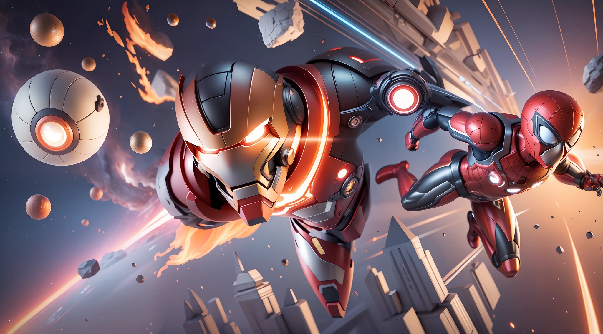 (Detailed and extreme CG, the highest quality creepy) Iron Man, metal calm, shiny shell, robot exoskeleton, well-organized, black mecha background, blazing fire, lightning flashing in the distance, abyss-like sunset, sparks splashing, surreal texture, 360-degree all-round, deep black crystal footprints, metal breath rushing to the face, dynamic "mask helmet", firm and confident eyes, indomitable spirit in an instant, gorgeous scenes at the wallpaper level, dense mechanical details, and the release of power in silence.