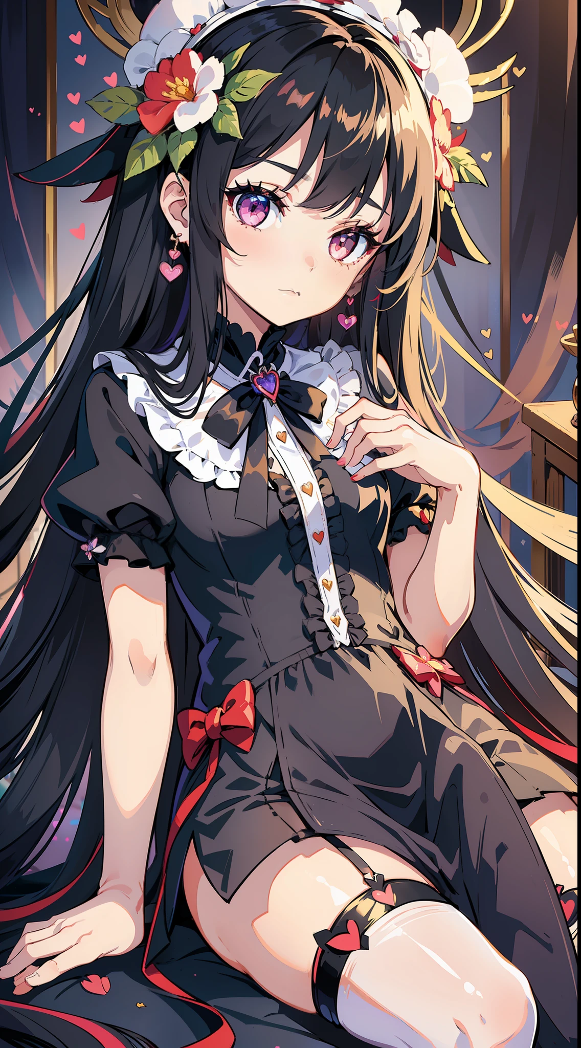 (Cute girl), long Hair, (Flower headdress), Heart-shaped earrings, (Eyes that shine like jewels), innocence, Short Sleeves, (Young), (White skin), (slender body), (black stockings), (ribbon), indoor, ((goth loli)), ((heart pupil)), 16k, masterpiece, highres