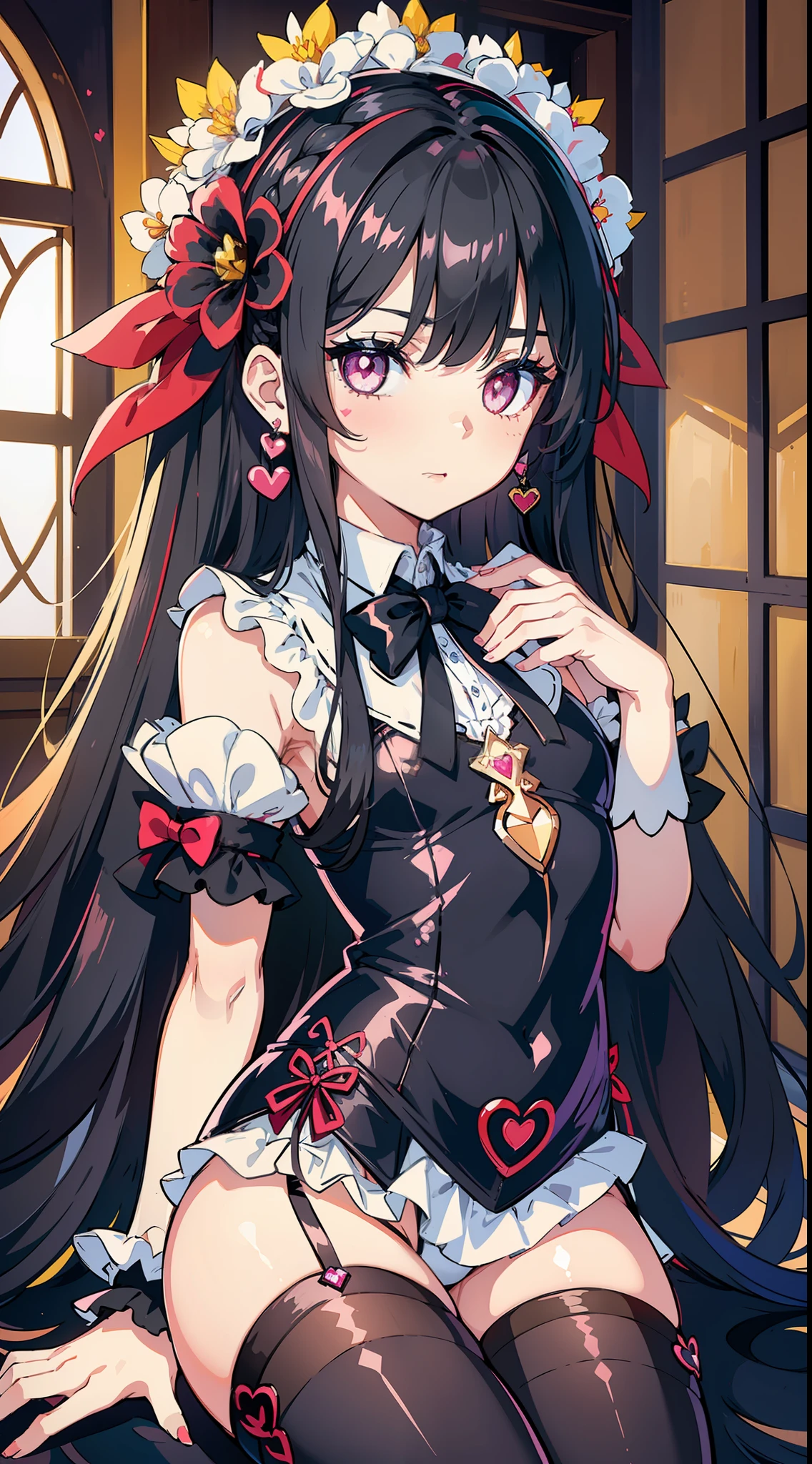 (Cute girl), long Hair, (Flower headdress), Heart-shaped earrings, (Eyes that shine like jewels), innocence, Short Sleeves, (Young), (White skin), (slender body), (black stockings), (ribbon), indoor, ((goth loli)), ((heart pupil)), 16k, masterpiece, highres