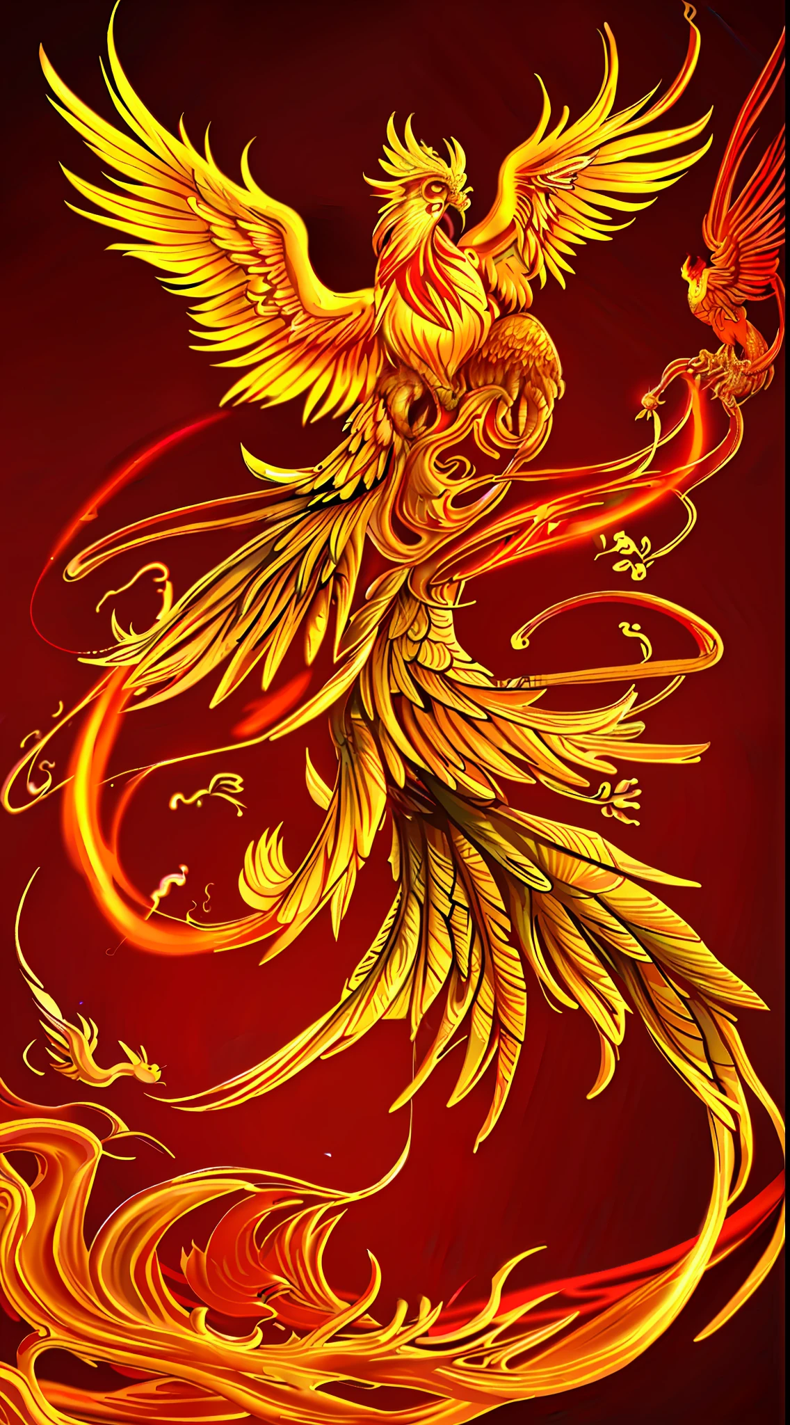 Golden Phoenix, Fire Phoenix, Flame, Flame, Golden Phoenix, Phoenix, Phoenix Bird, Divine Bird, (Chinese Phoenix), (Chinese Style), Atmospheric Sense, Ink Style