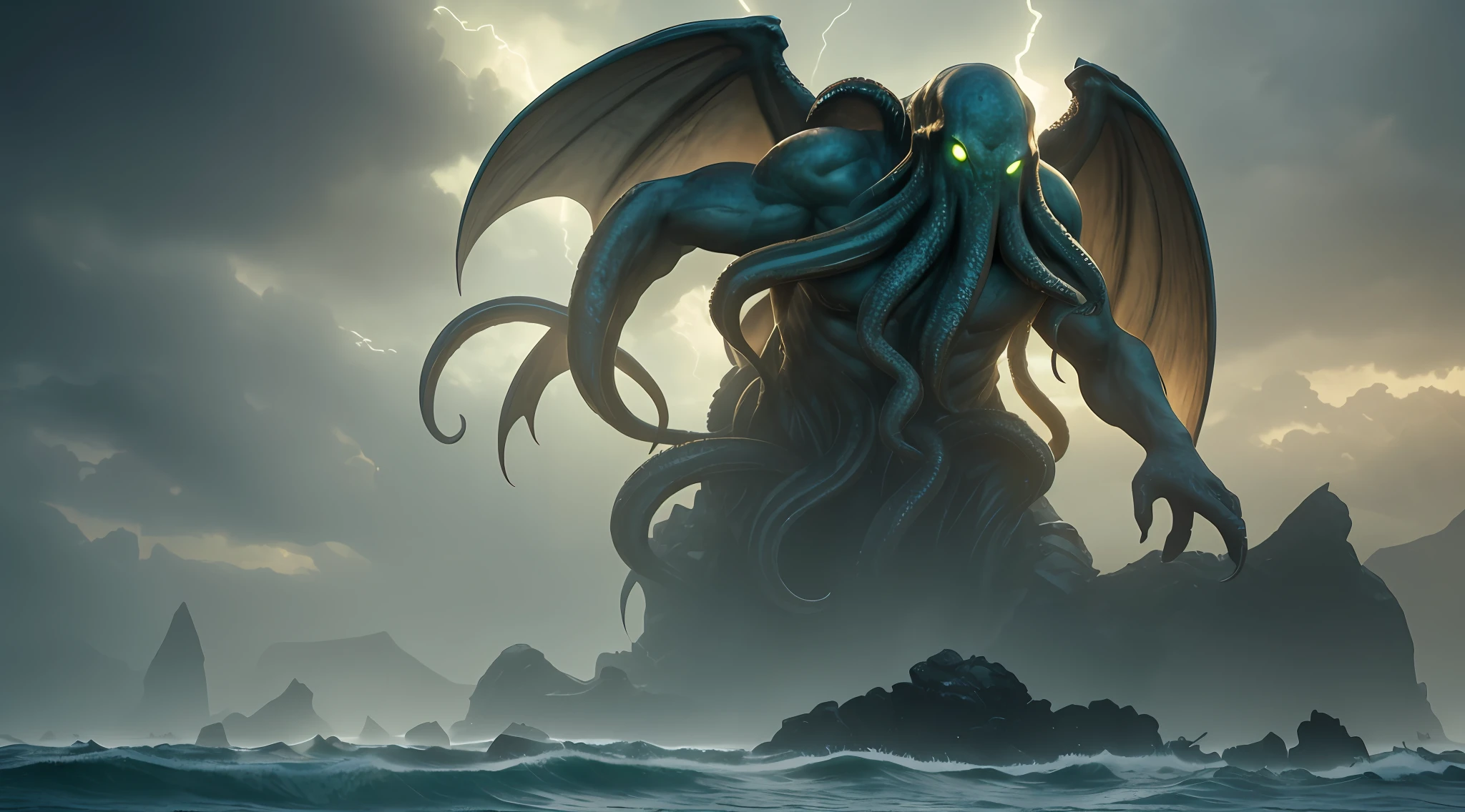 Cthulhu in the ocean with its open wings, storm, cinematic, detailed, atmospheric, epic, concept art, matte painting, lighting wells, mist, photo – realistic, volumetric light, cinematic epic + rule of thirds | 3 5 mm, 8 k, corona render, movie concept art, octane render, cinematic, trending on artstation, movie concept art, film composition, ultra – detailed, realistic, hyper – realistic, volumetric lighting, 8 k --auto --s2