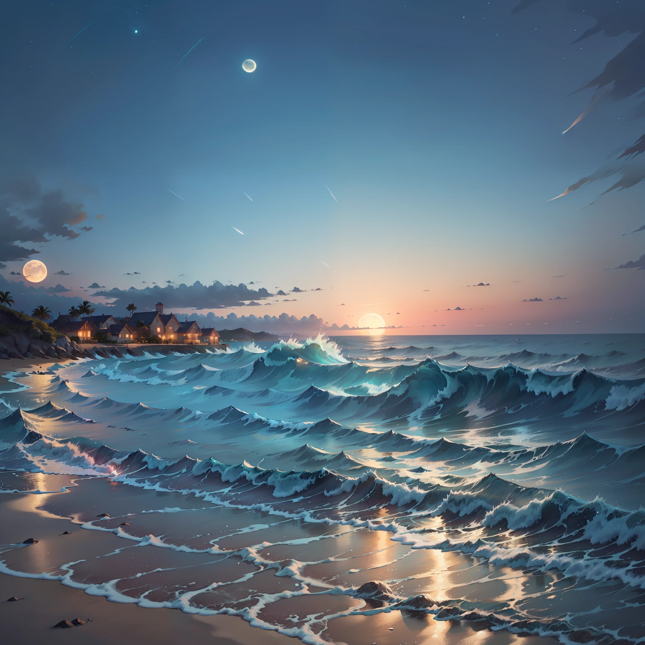 Aladid view of beach with waves and moonset, night sky and waves, beautiful ocean, photos of the ocean, beach showing moonset, beach moonset background, peaceful emotions, sea view, beautiful night, calm waves, calm ocean landscape, turquoise horizon, calm sea environment