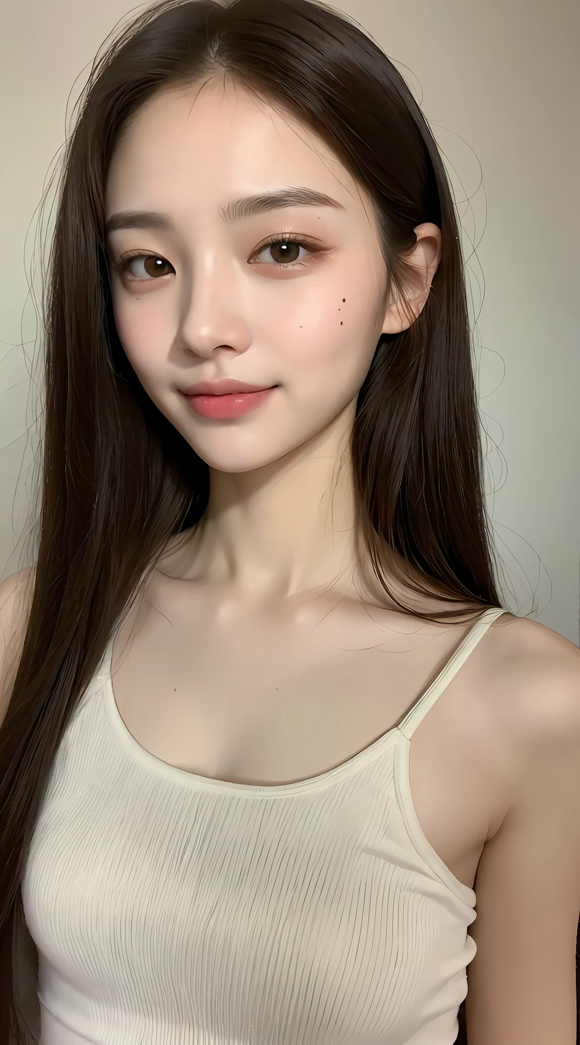 ((Best Quality, 8K, Masterpiece: 1.3)), 1 girl, slim, bare top, super slender face, delicate eyes, double eyelids, drooping eyes, smile,