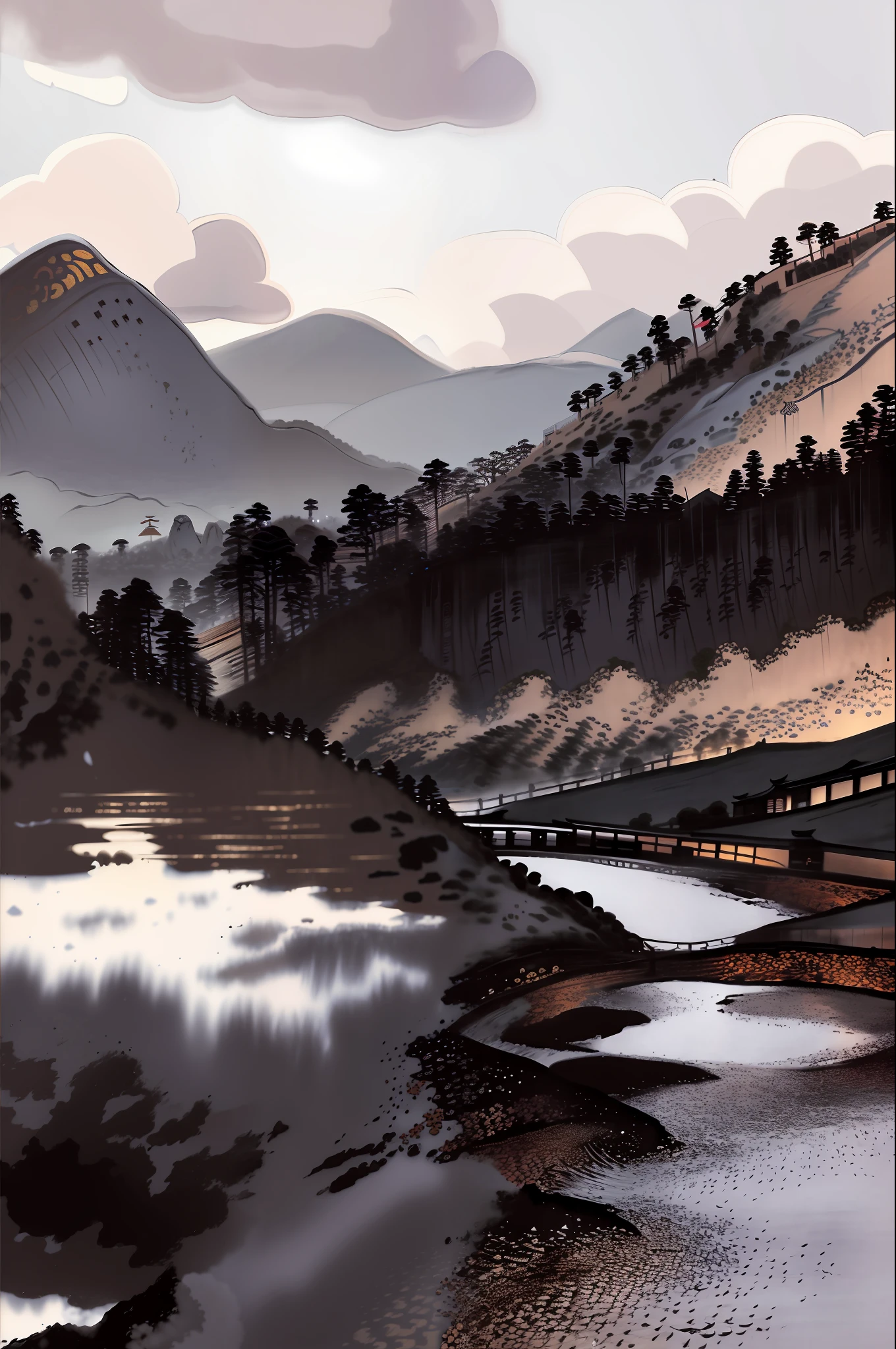 An ancient chinese painting, ancient chinese background, mountains, rivers, auspicious clouds, pavilions, sun, masterpieces, super detail, epic composition, drawing of an ancient ronnin samurai inspired by the desining of musashi miamoto ultra HD, high quality, extremely detailed, official art, unified wallpaper 8k, Super detail, 32k -- v 6