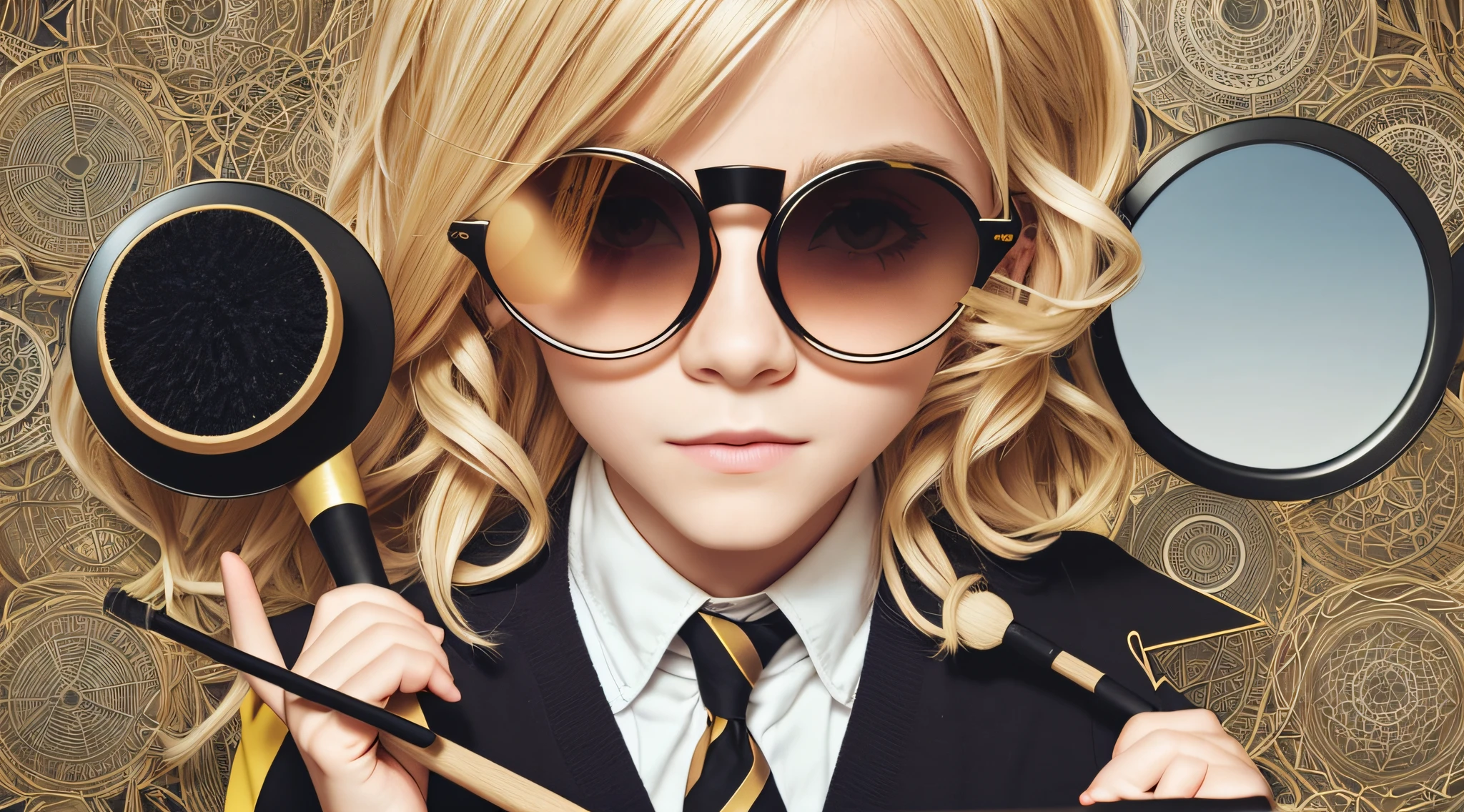 blonde boy with sunglasses holding a broom and a broomstick, broom, girl wearing round glasses, wearing big black circle glasses, round potter glasses, girl with glasses, snatching wild blonde hair, with sunglasses, round black glasses, wearing round glasses, circular glasses, round glasses, funny sunglasses, hair over eyes,  Photo shoot, she wears Harry Potter glasses --auto --s2