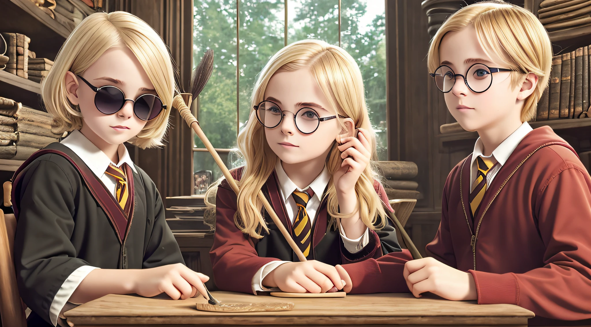 blonde boy with sunglasses holding a broom and a broomstick, broom, girl wearing round glasses, wearing big black circle glasses, round potter glasses, girl with glasses, snatching wild blonde hair, with sunglasses, round black glasses, wearing round glasses, circular glasses, round glasses, funny sunglasses, hair over eyes, Photo shoot, she wears Harry Potter glasses --auto --s2