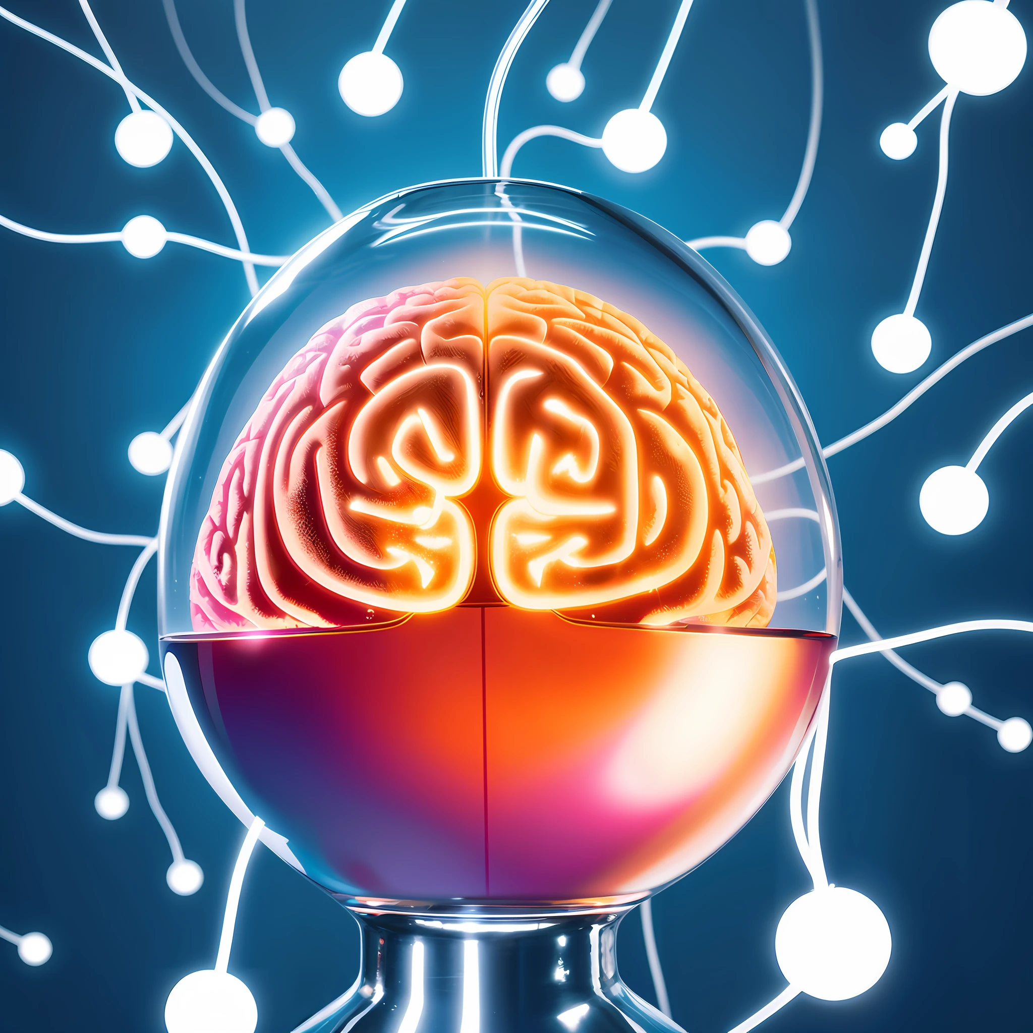 A brain, connected to a nanochip inside a light bulb, artificial intelligence