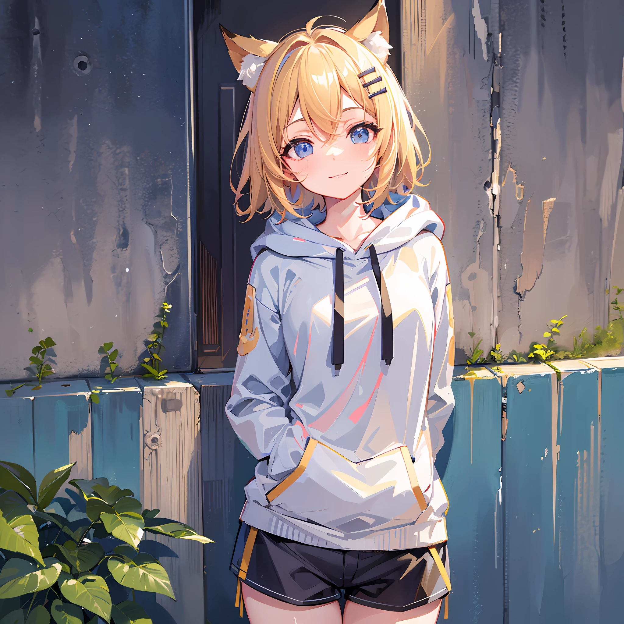 (Masterpiece), (Best Quality), (Illustration), (Super Detail), (High Resolution), Perfect Anatomy, Absurdity, One Girl, (Kagamine_Rin), (Vocaloid), Short Hair, Hair Clip, Big Smile, (Blonde), Very Cute Girl, Small, Young, Delicate, Attention to Girl, Outdoor, Cute, She, Smile, Best Moment, Middle School, Blue Eyes, Bright Eyes, lively eyes, cute, standing, thighs, red heart in the background, heart speech bubble, pampered, innocent, love love, love viewer, clean skin, beautiful body, cute face, delicate arms, boyfriend gaze, lively eyes, neat, bare legs, dabo dabo hoodie, perfect hood, hoodie based on white, black shorts, beautiful girl, cat ears, blue sky, sunlight, unguarded