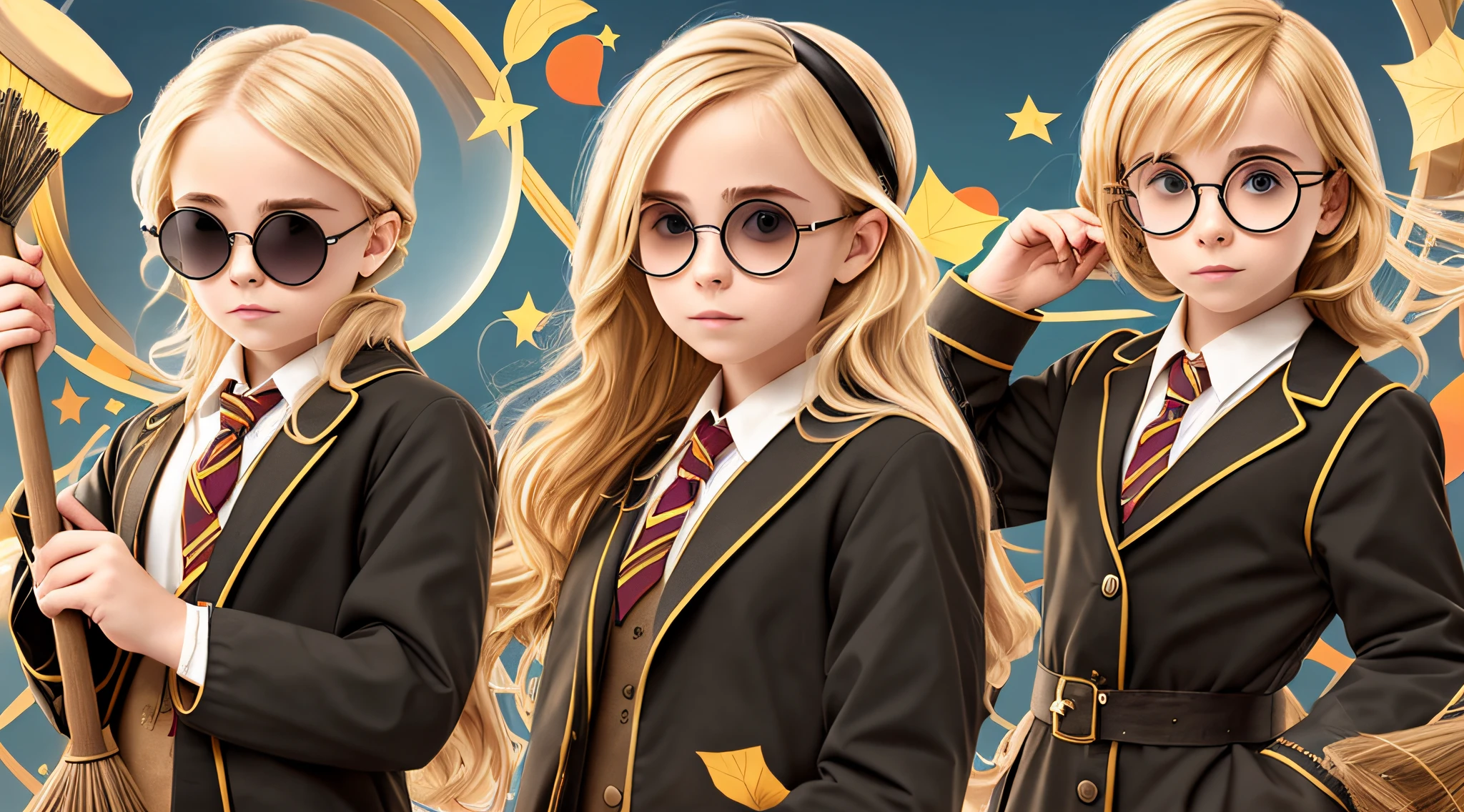 blonde boy with sunglasses holding a broom and a broomstick, broom, girl wearing round glasses, wearing big black circle glasses, round potter glasses, girl with glasses, snatching wild blonde hair, with sunglasses, round black glasses, wearing round glasses, circular glasses, round glasses, funny sunglasses, hair over eyes, Photo shoot, she wears Harry Potter glasses --auto --s2